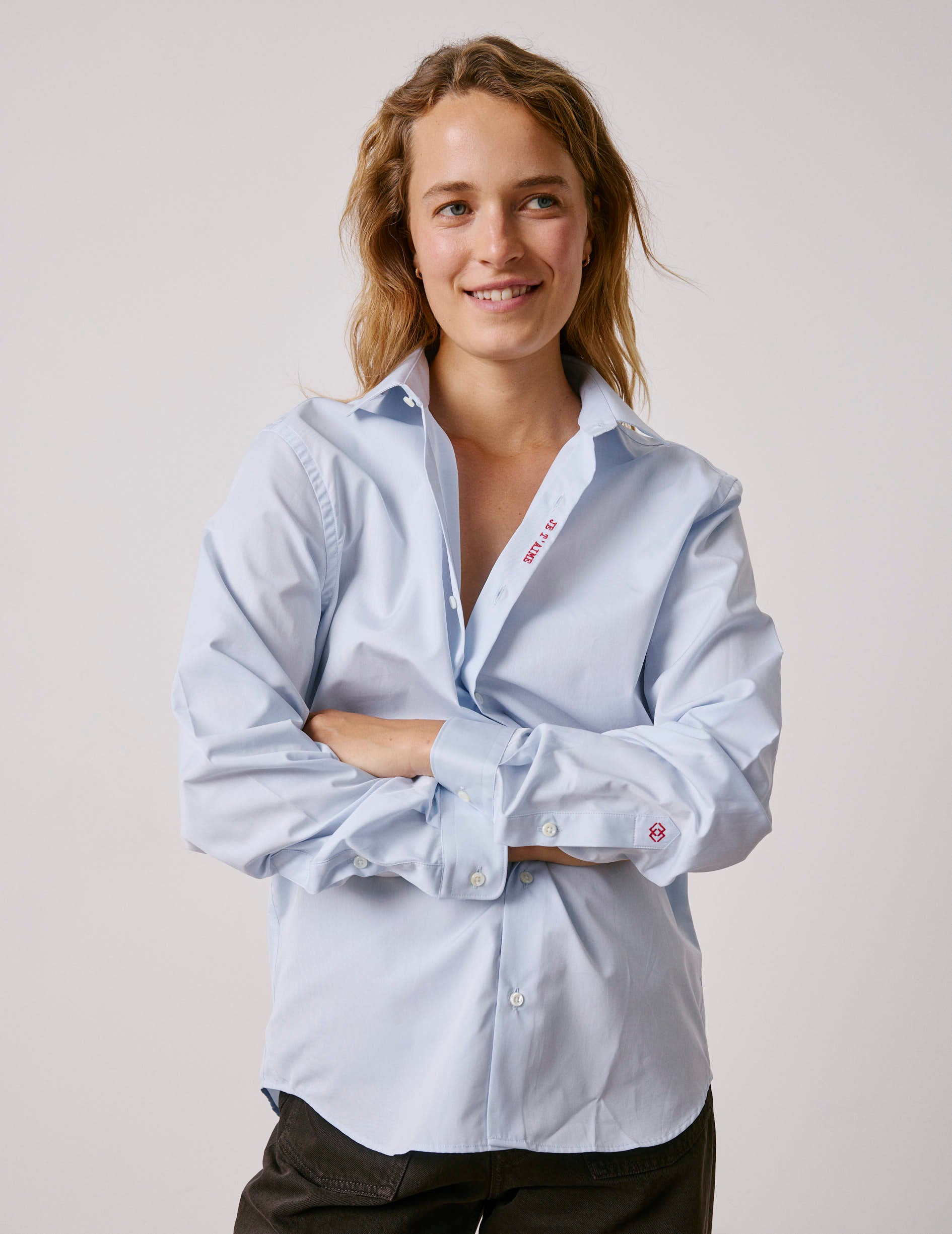 Chemise mixte "Je t'aime" bleue - Popeline - Col Figaret