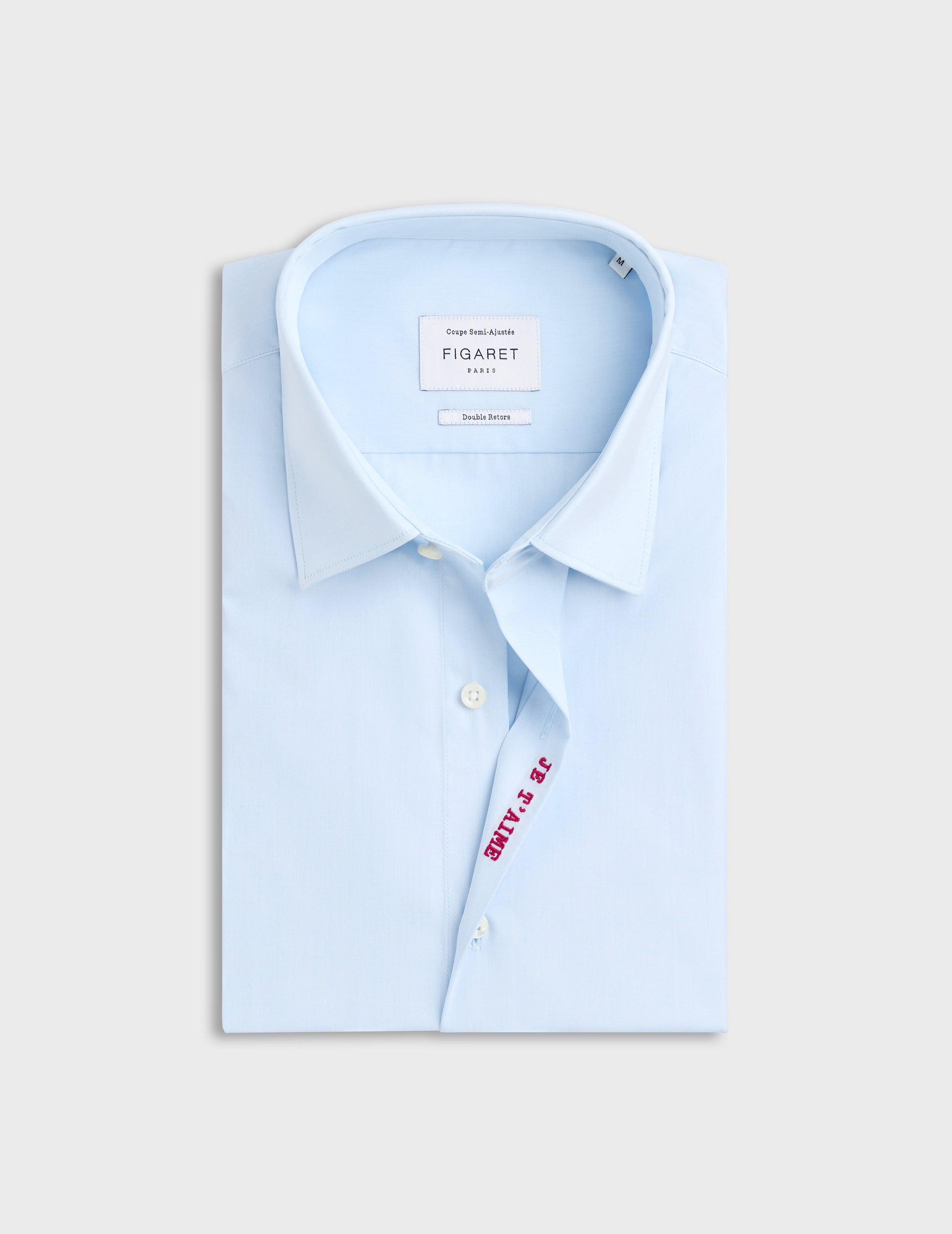 Blue "Je t'aime" shirt with red embroidery - Poplin - Figaret Collar