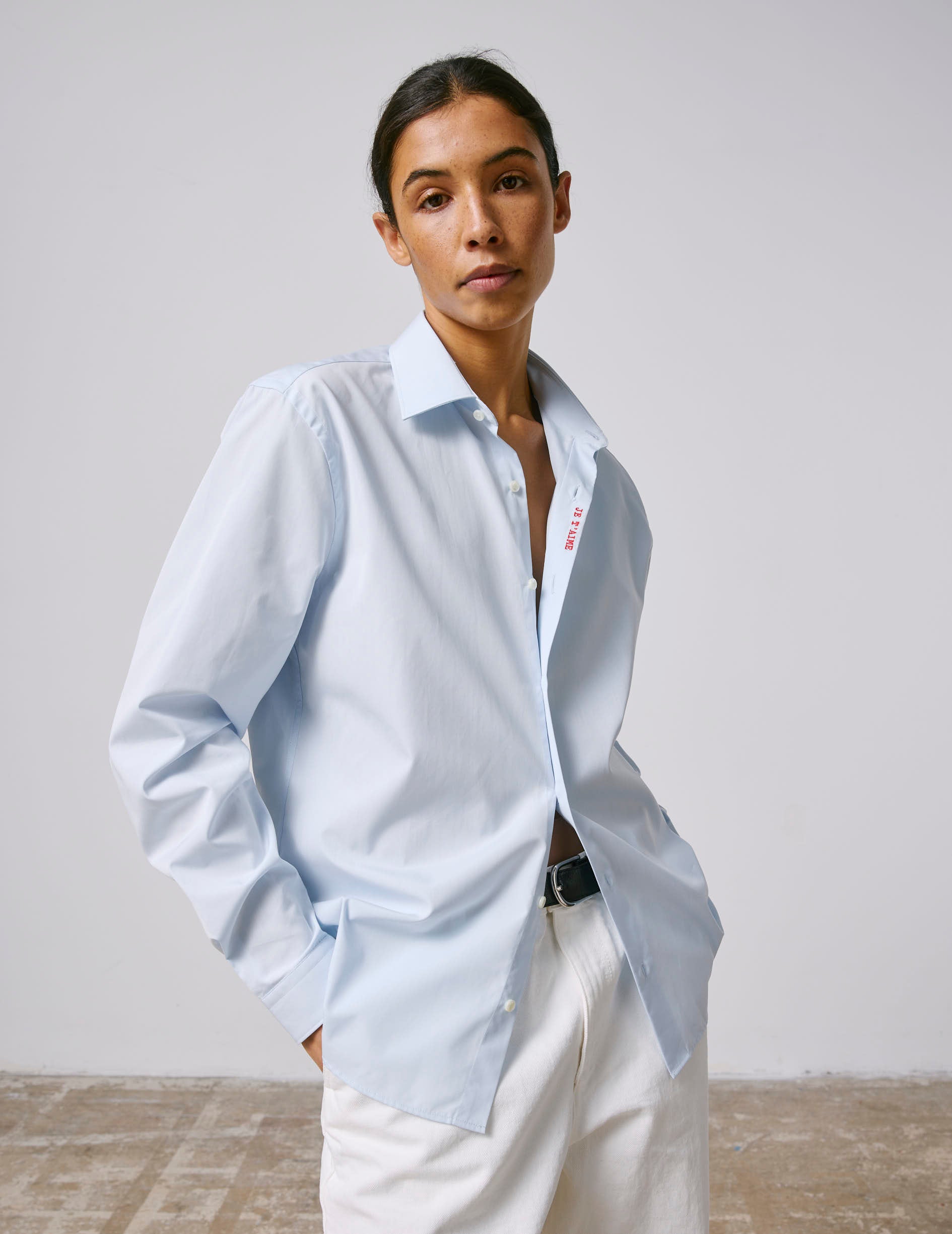 Chemise mixte "Je t'aime" bleue - Popeline - Col Figaret