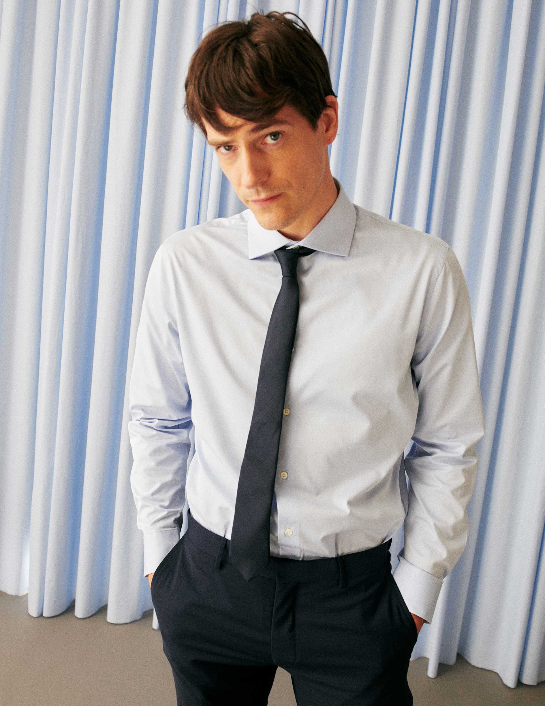 Chemise semi-ajustée Voyage bleue - Popeline - Col Italien - Repassage facile