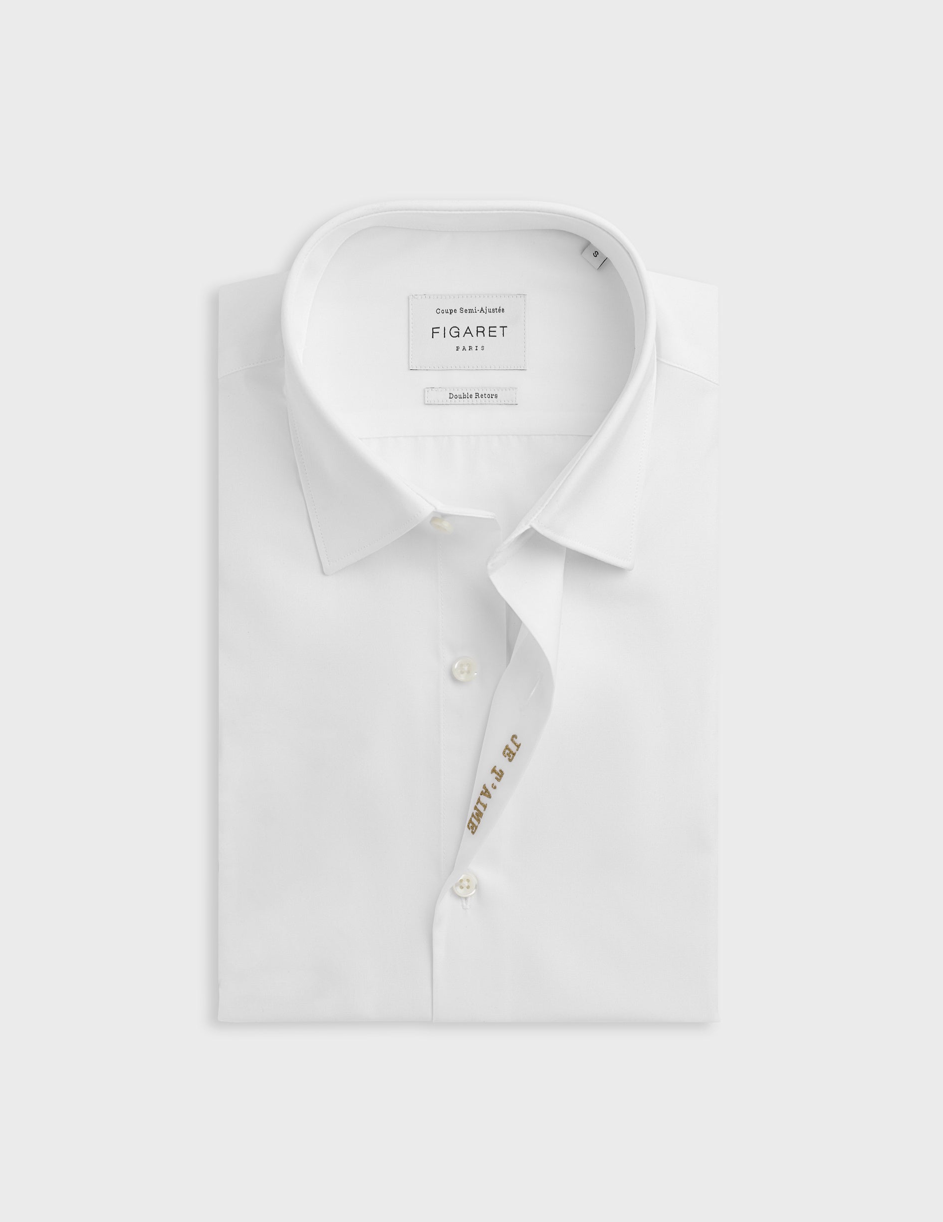 White "Je t'aime" shirt with gold embroidery - Poplin - Figaret Collar
