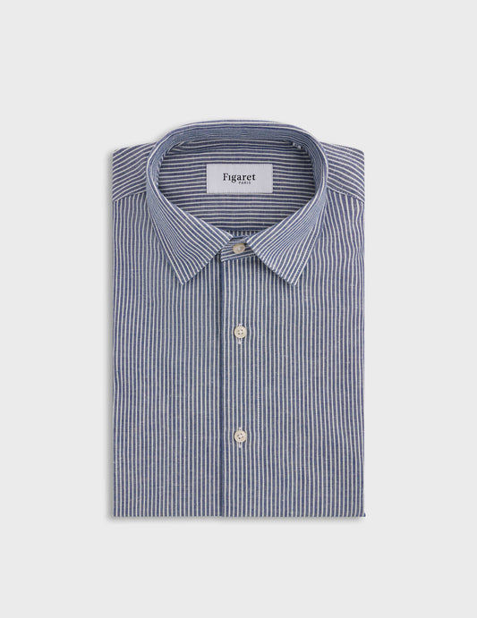 Navy striped cotton and linen Auguste shirt - Cotton canvas - French Collar