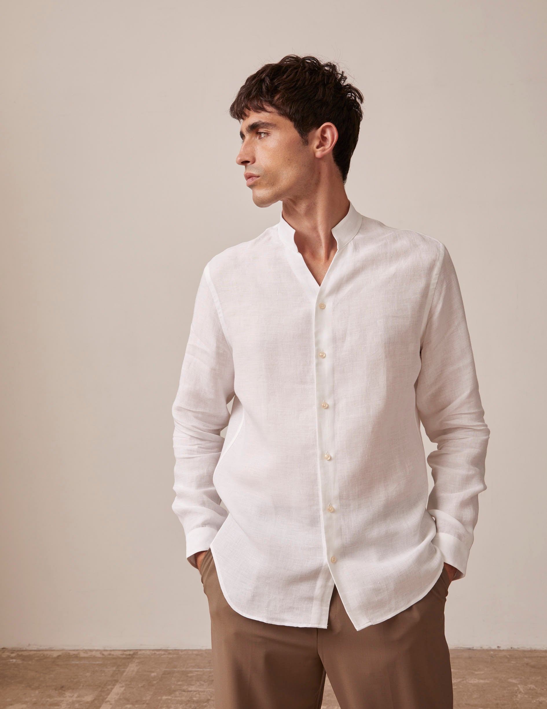 Chemise Carl en lin blanc Lin Col Droit ouvert - Main Image