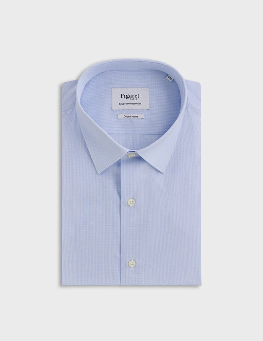 Semi-Fitted blue checked shirt - Poplin - Figaret Collar