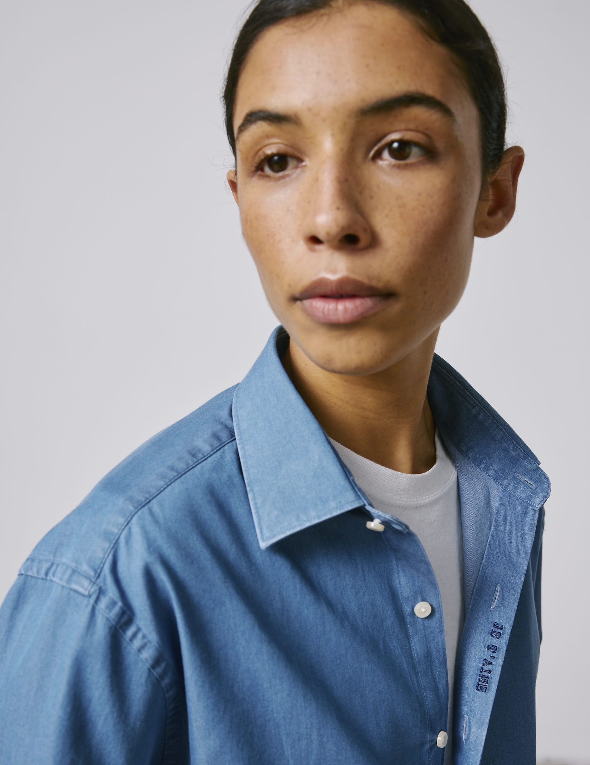 Chemise mixte "Je t'aime" en denim - Denim - Col Figaret