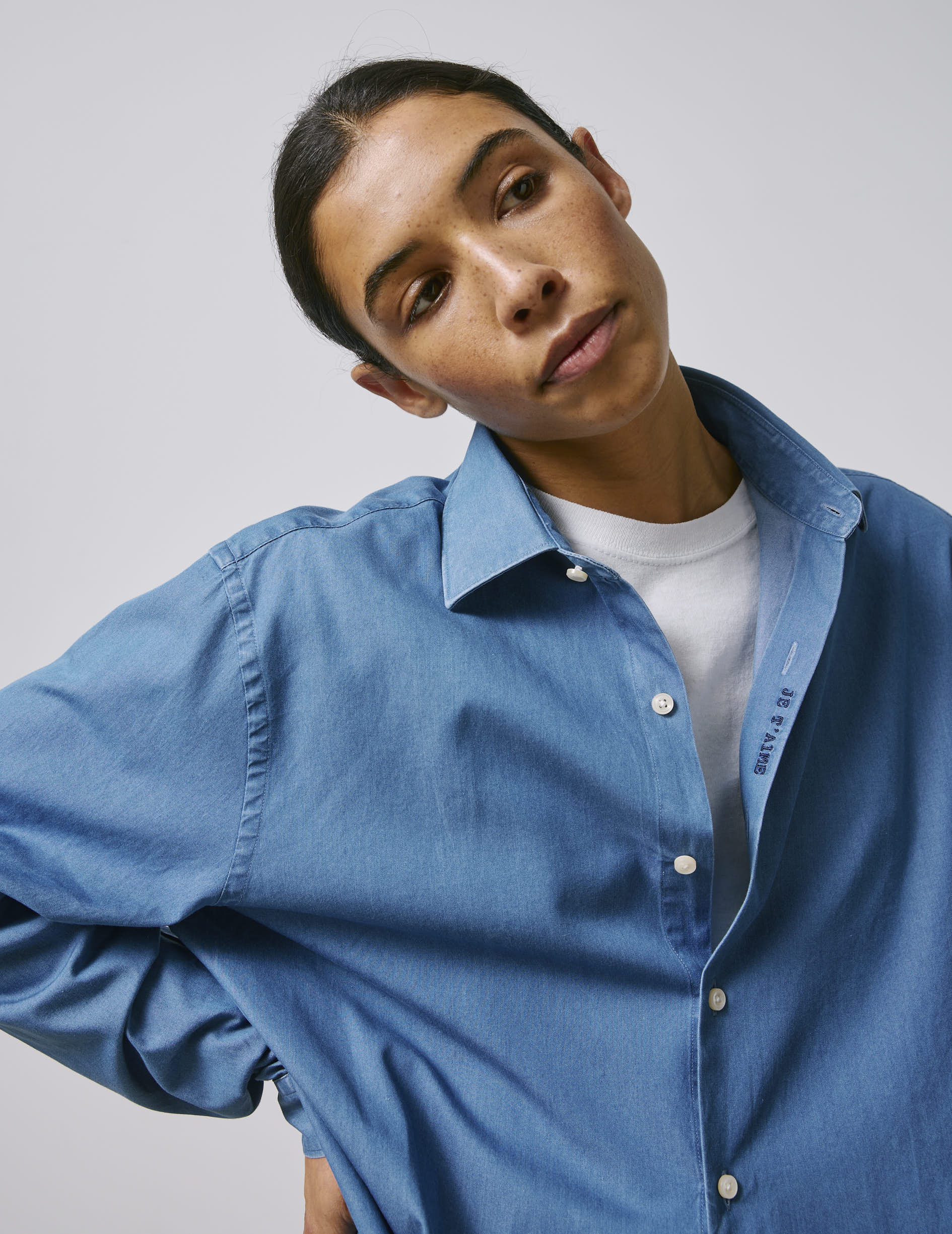 Chemise mixte "Je t'aime" en denim - Denim - Col Figaret