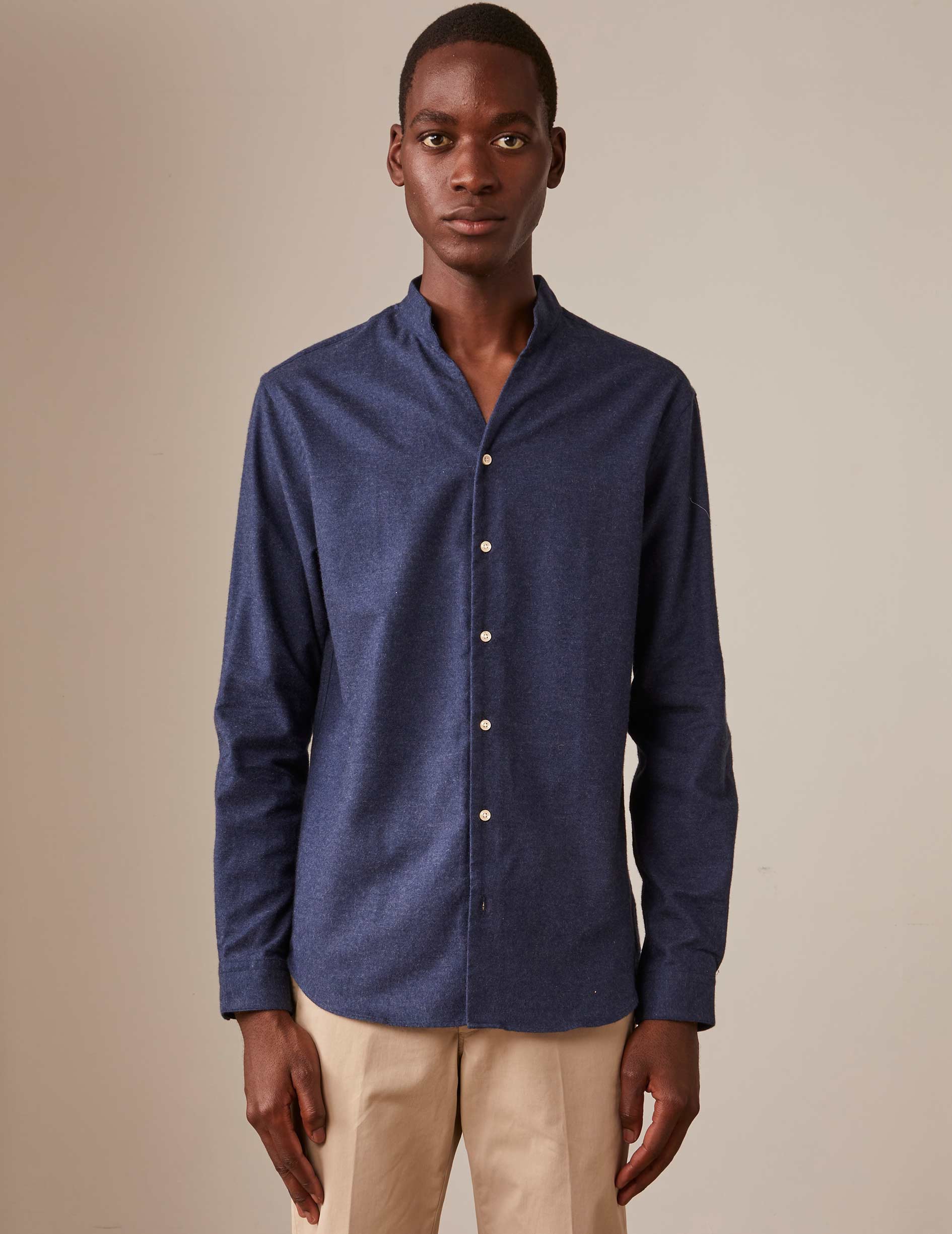 Chemise Carl en coton cachemire bleu marine - Flanelle - Col Droit ouvert