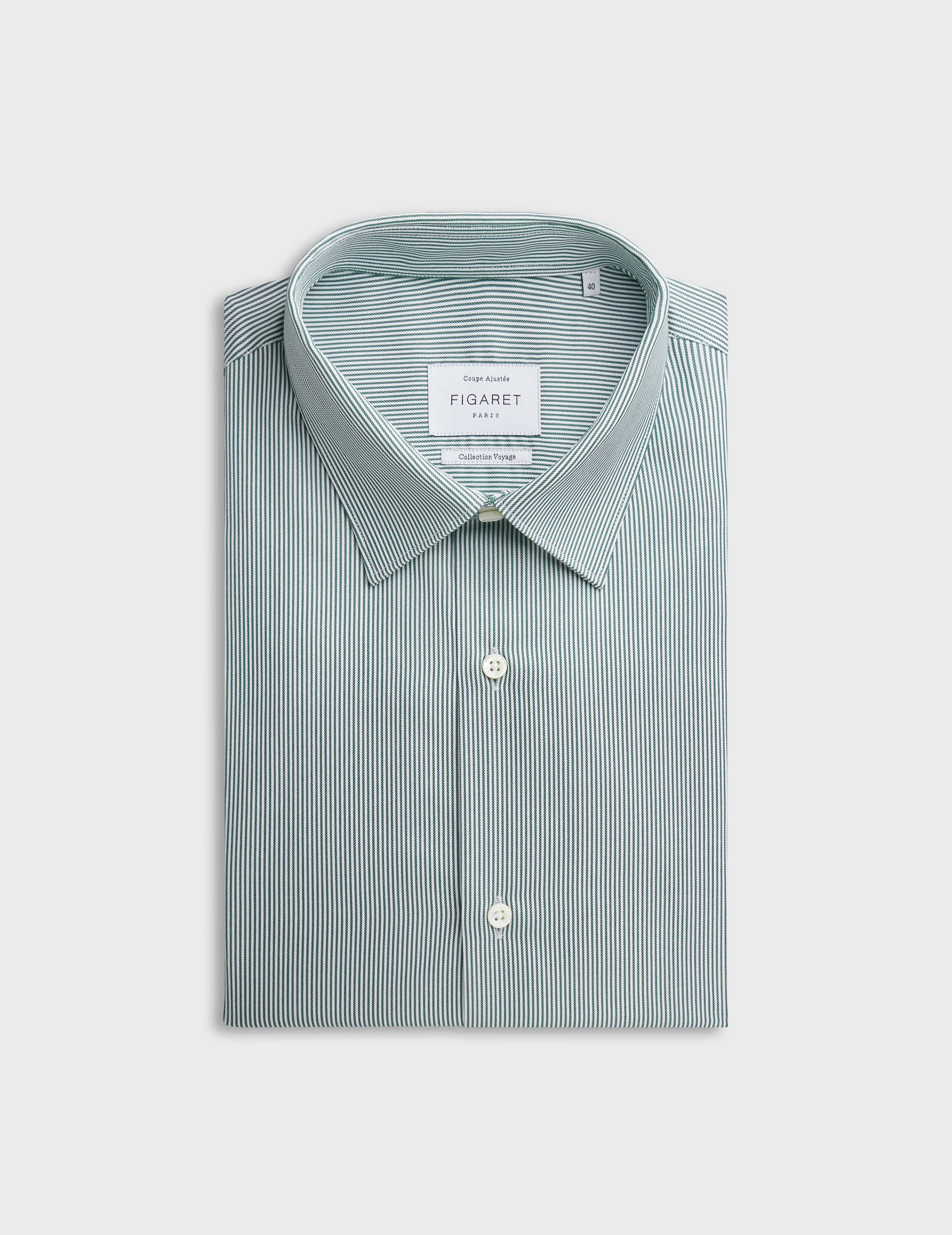 Chemise ajustée Voyage rayée verte - Twill - Col Figaret - Repassage facile