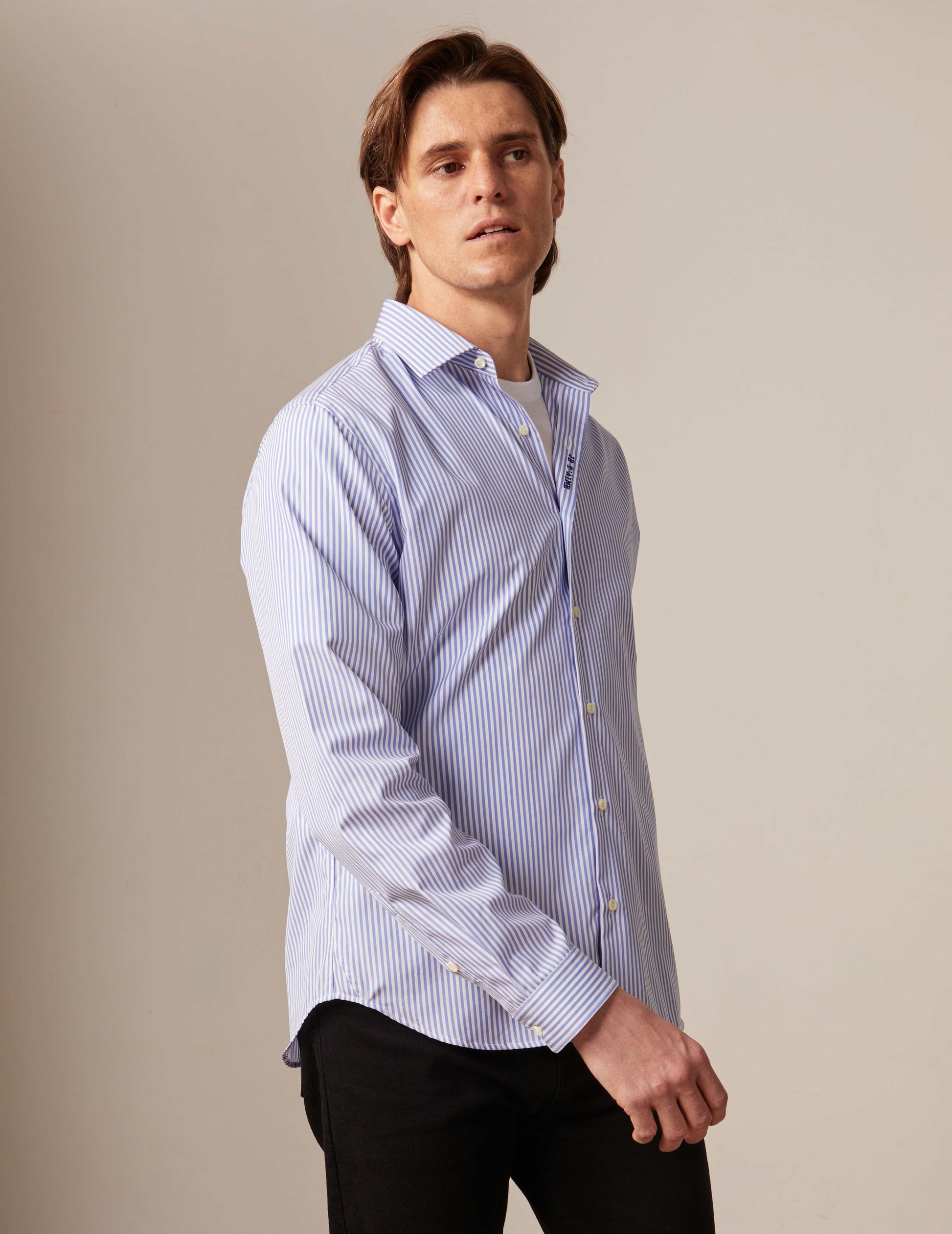 Blue striped "Je t'aime" shirt with navy embroidery - Poplin - Figaret Collar