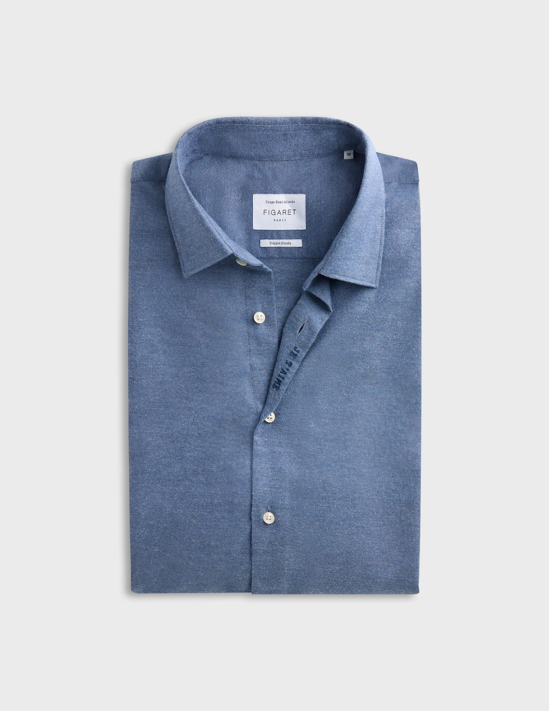 Blue cotton and cashmere "Je t'aime" shirt with navy embroidery - Flannel - Figaret Collar