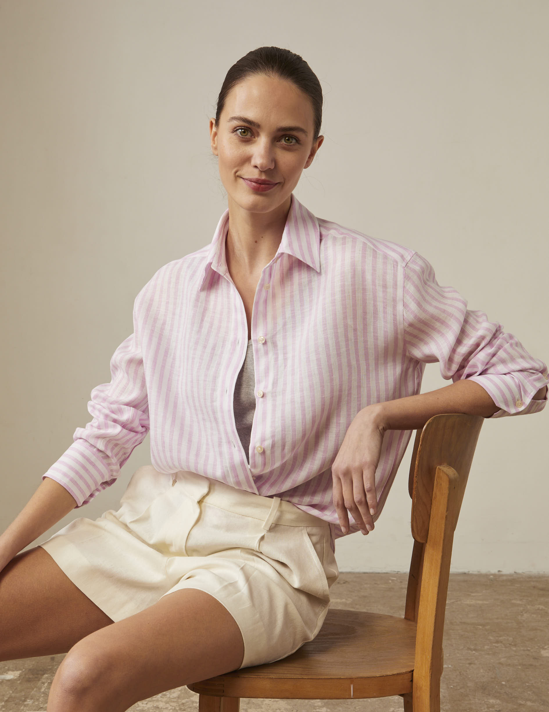 Ambre striped shirt in pink linen - Linen - Shirt Collar