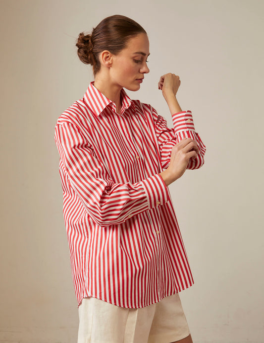 Oversized red striped Delina shirt - Poplin - Shirt Collar