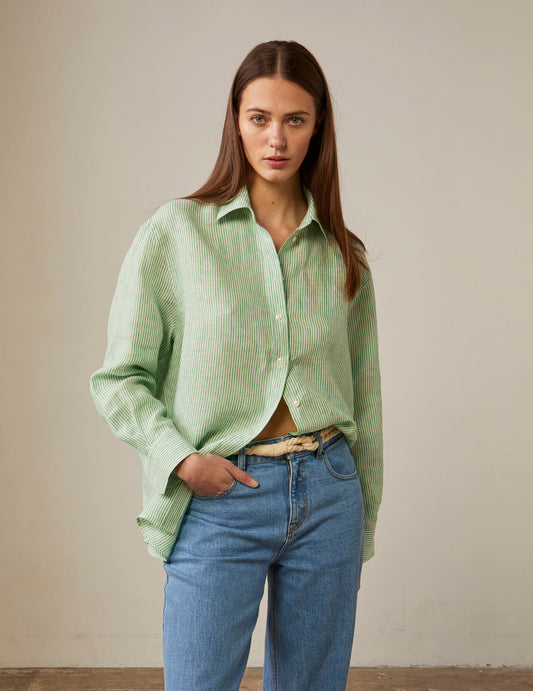Delina oversized green linen striped shirt - Linen - Shirt Collar