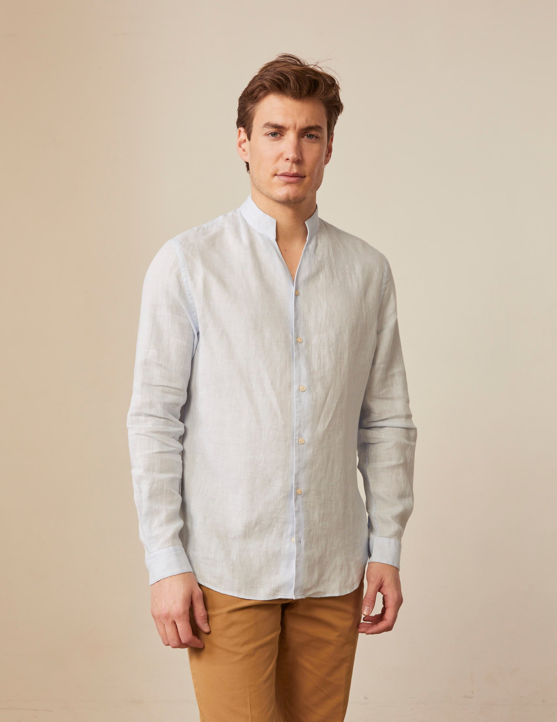 Carl light blue linen shirt - Linen -  Open straight Collar