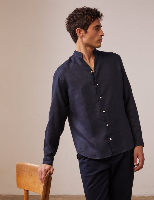 Navy linen Carl shirt - Linen - Open straight  Collar