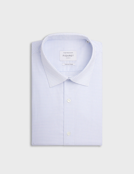 Semi-fitted wrinkle-free shirt with blue checks  - Twill - Figaret Collar
