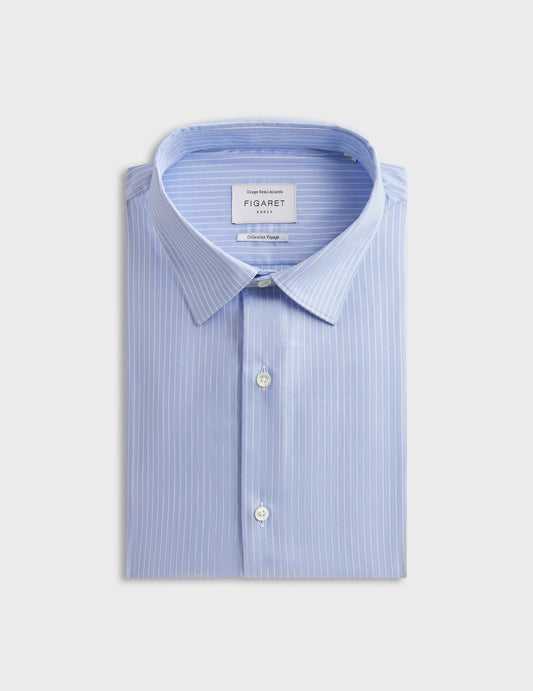 Striped blue semi-fitted wrinkle-free shirt - Twill - Figaret Collar