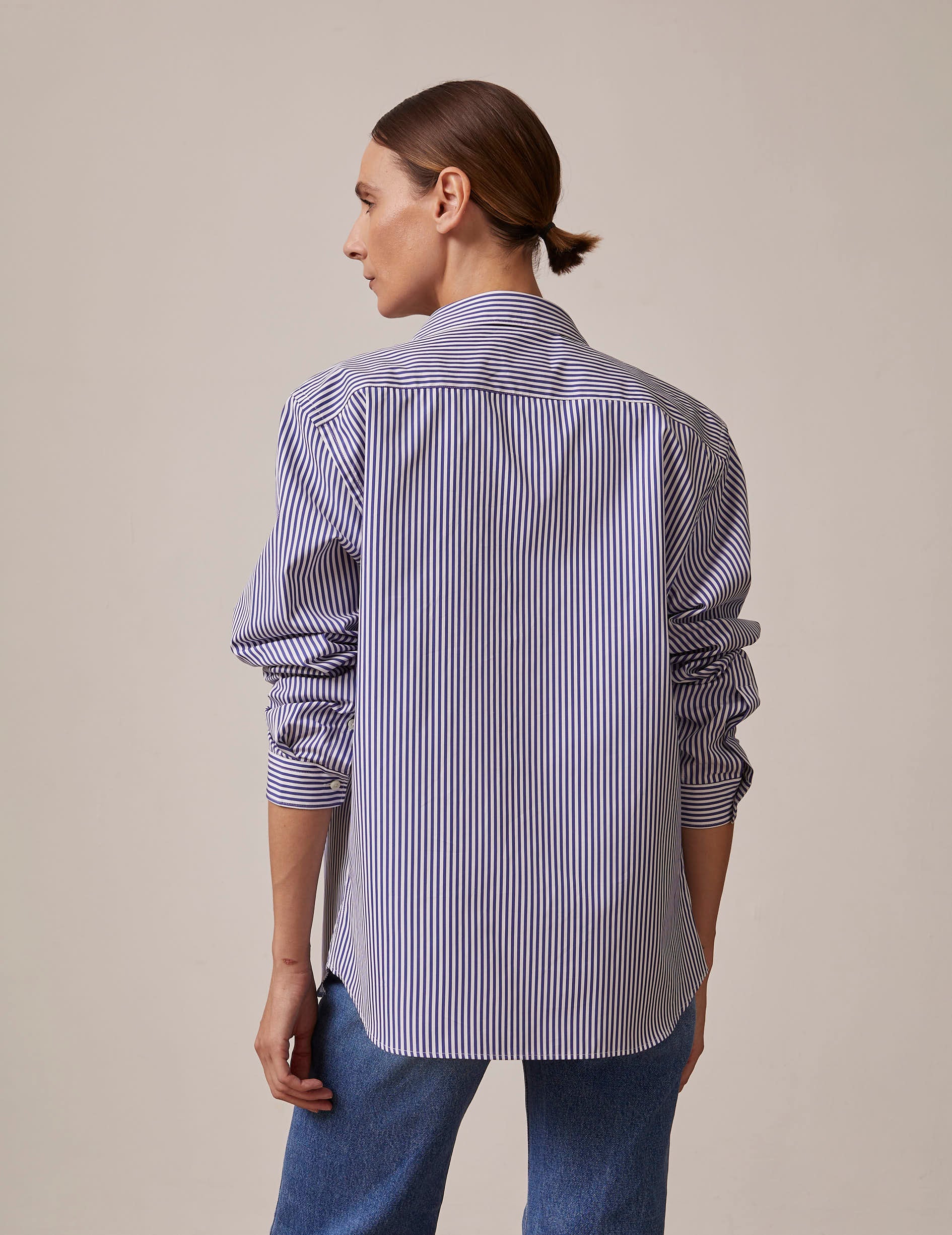 navy blue striped Unisex “Je t'aime” shirt with pink embroidery - Poplin - Figaret Collar