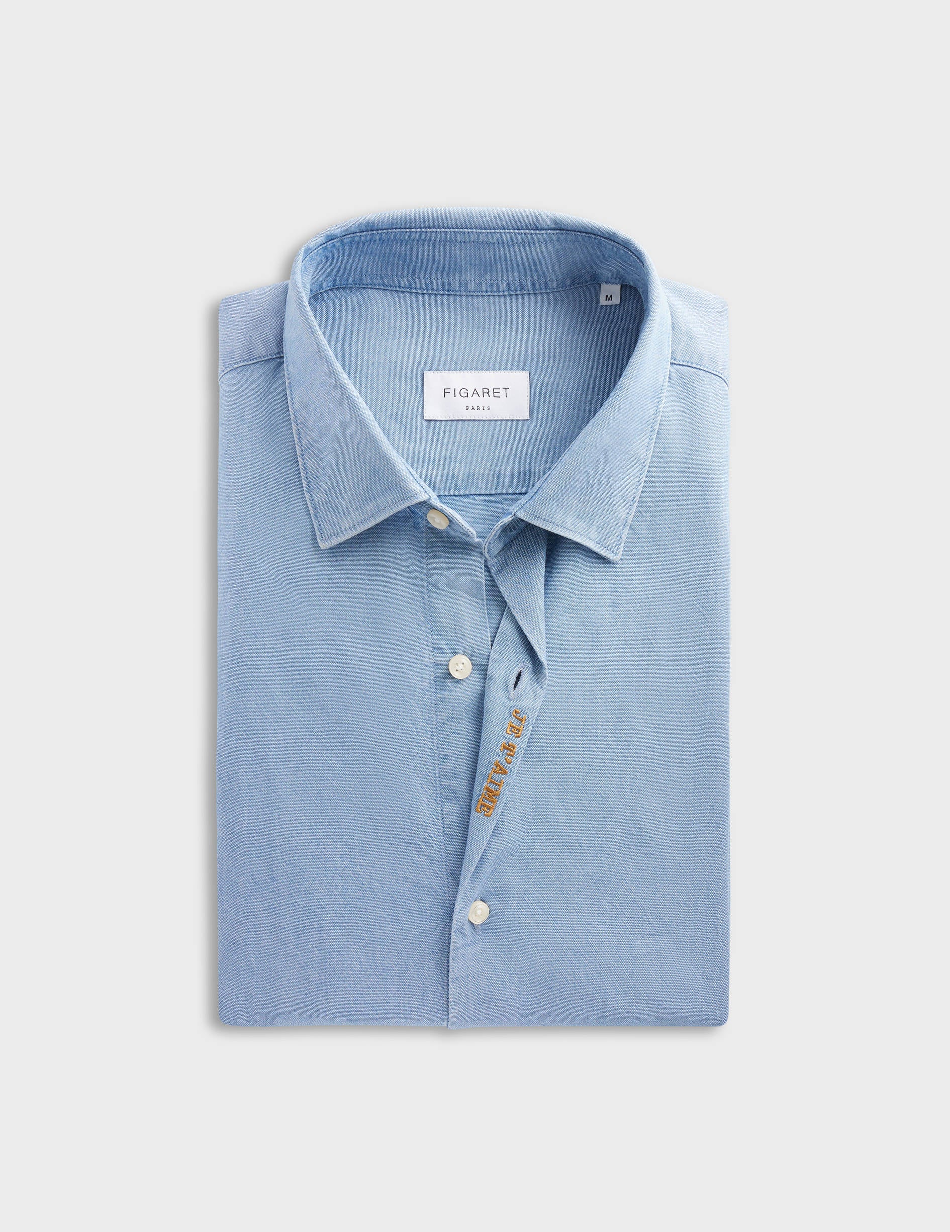 blue "Je t'aime” unisex shirt with camel embroidery - Chambray - Figaret Collar