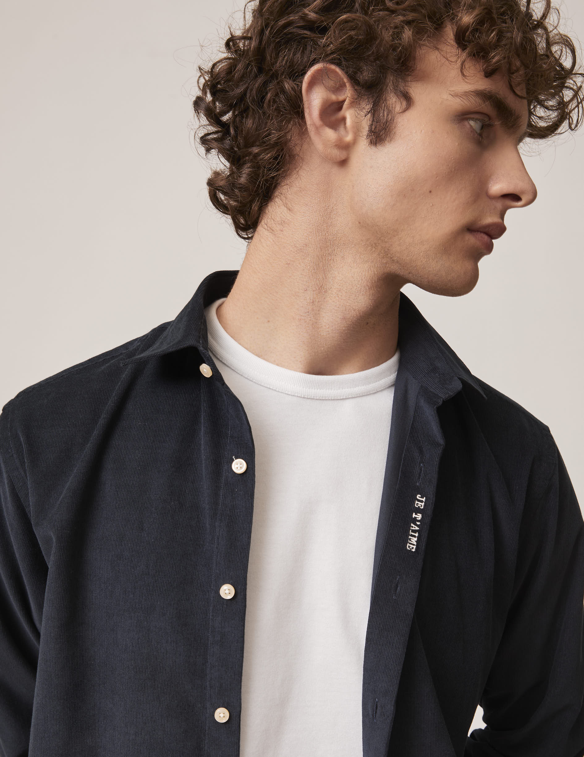 Chemise mixte "Je t'aime" marine - Velours - Col Figaret