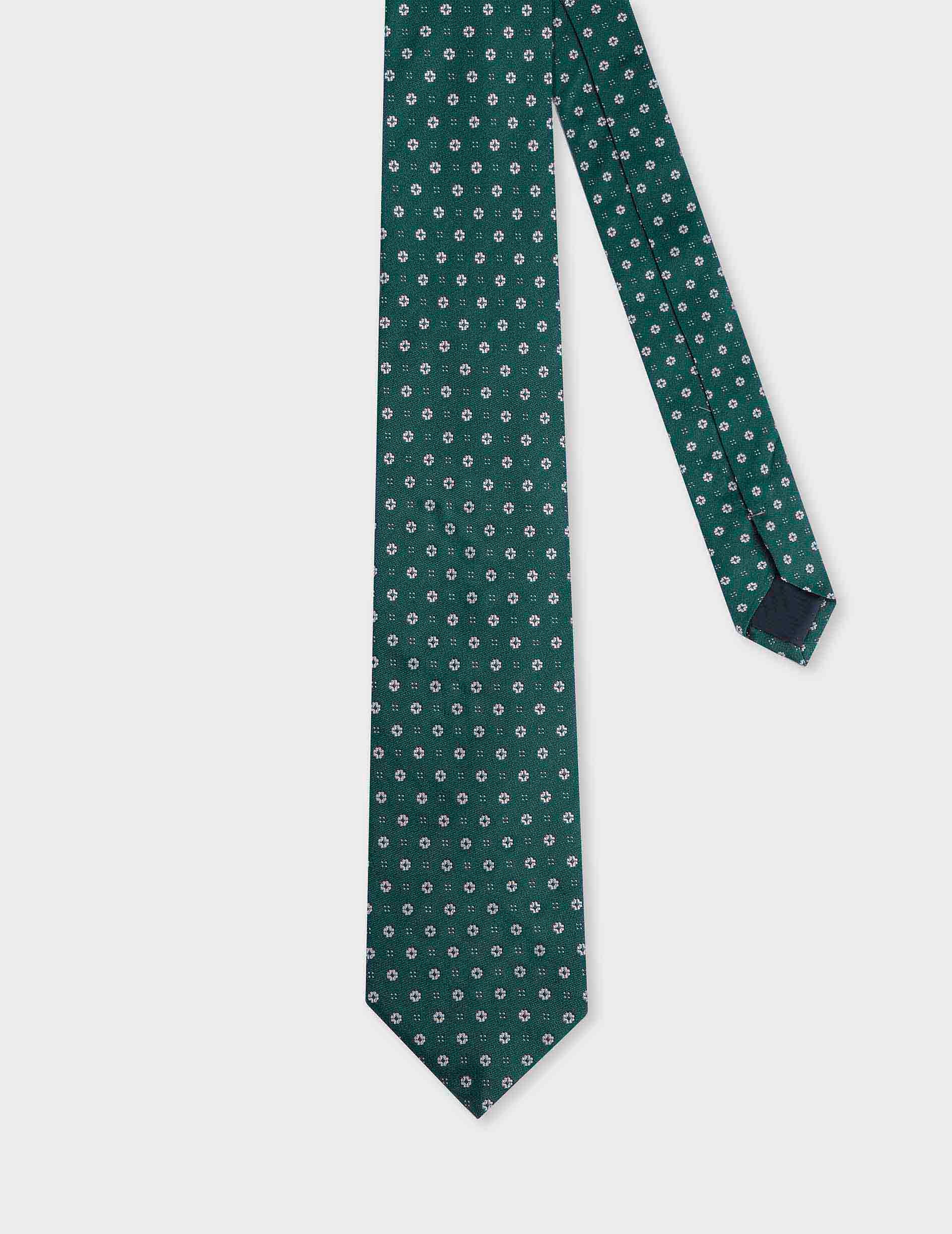 Cravate en soie et coton, motif floral et géométrique vert Cravate en soie et coton, motif floral et géométrique vert