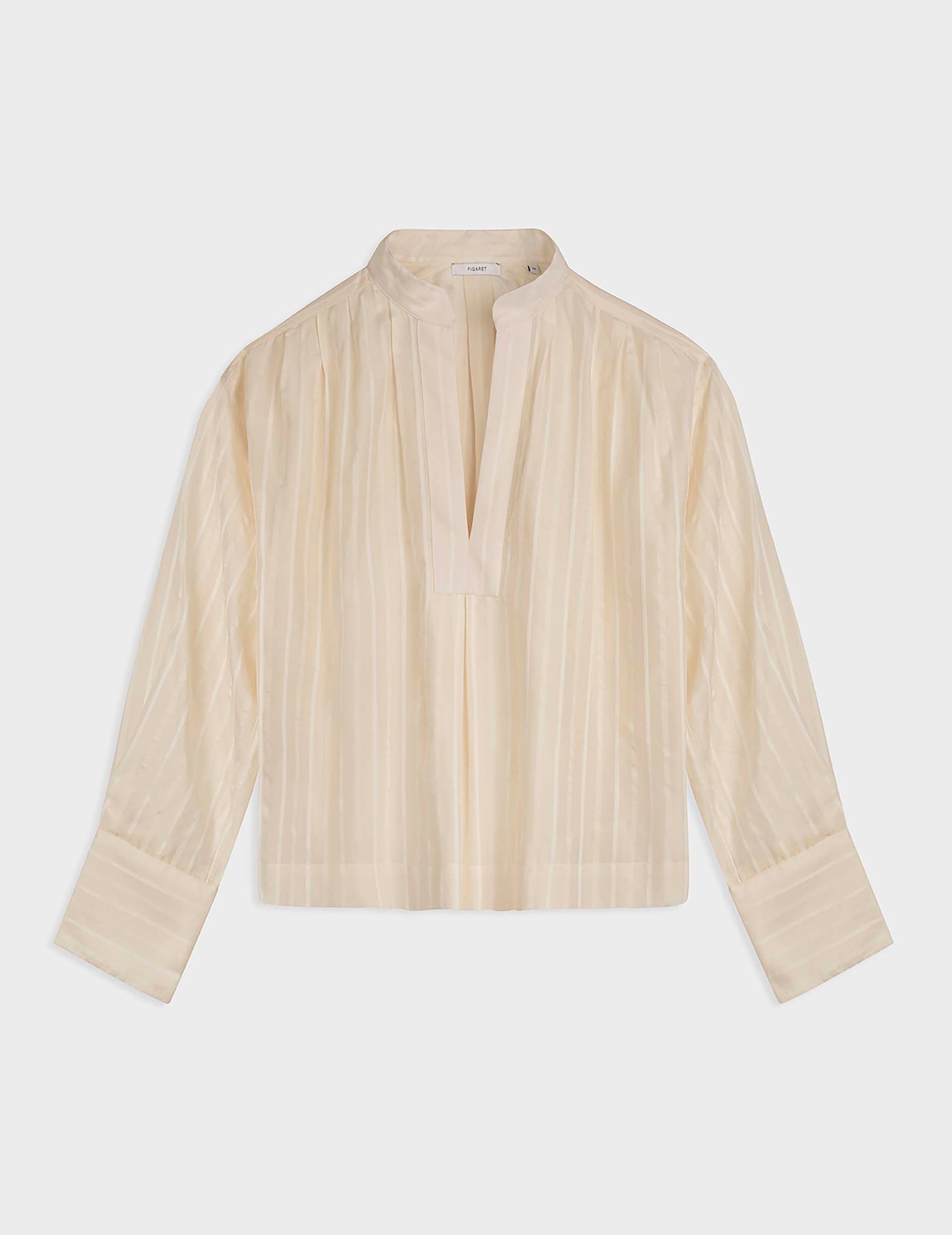 Oversized ecru striped Agnès blouse - Canvas - Open right Collar