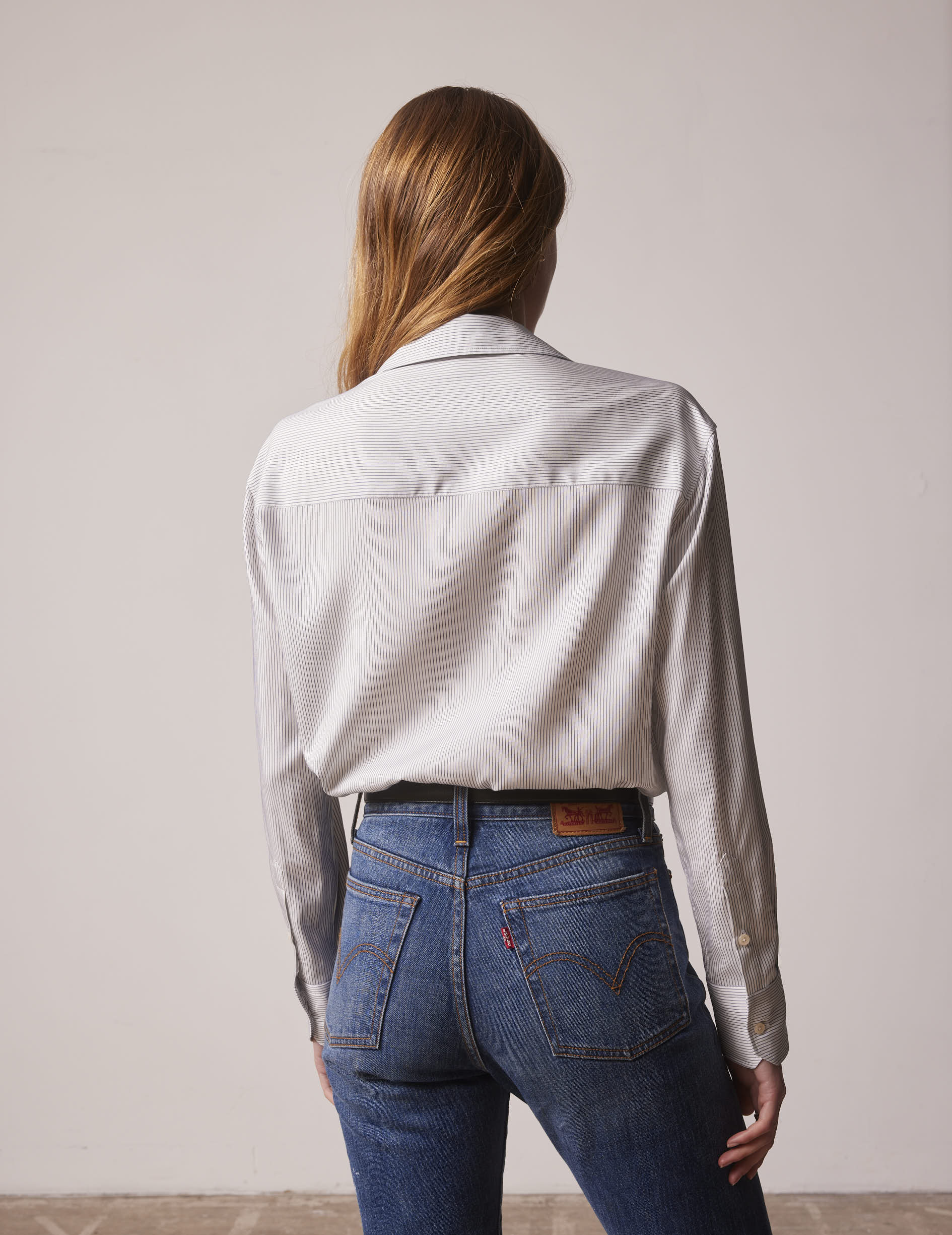 Navy blue striped silk Ambre shirt with hidden buttons placket - Silk - Shirt Collar