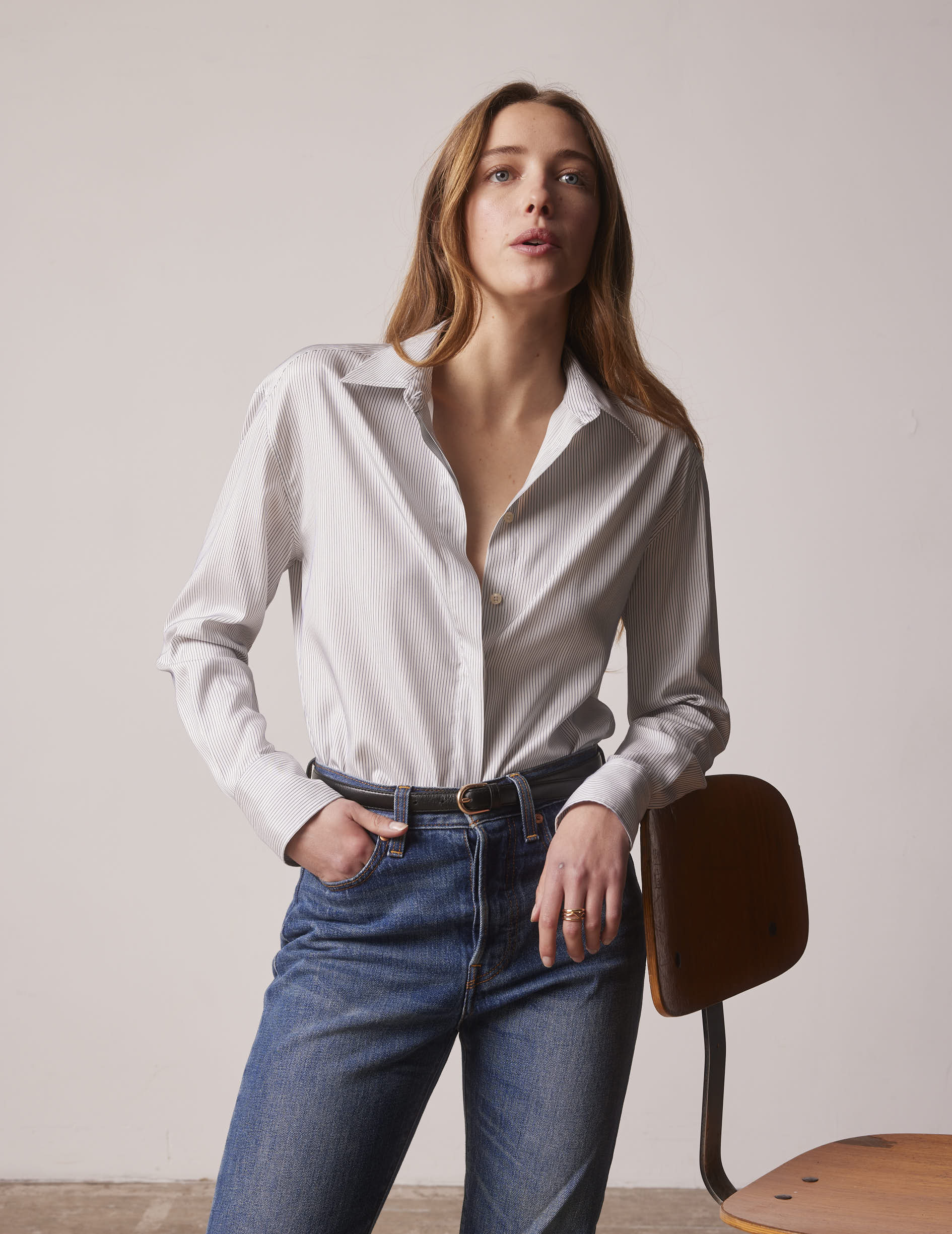 Navy blue striped silk Ambre shirt with hidden buttons placket - Silk - Shirt Collar