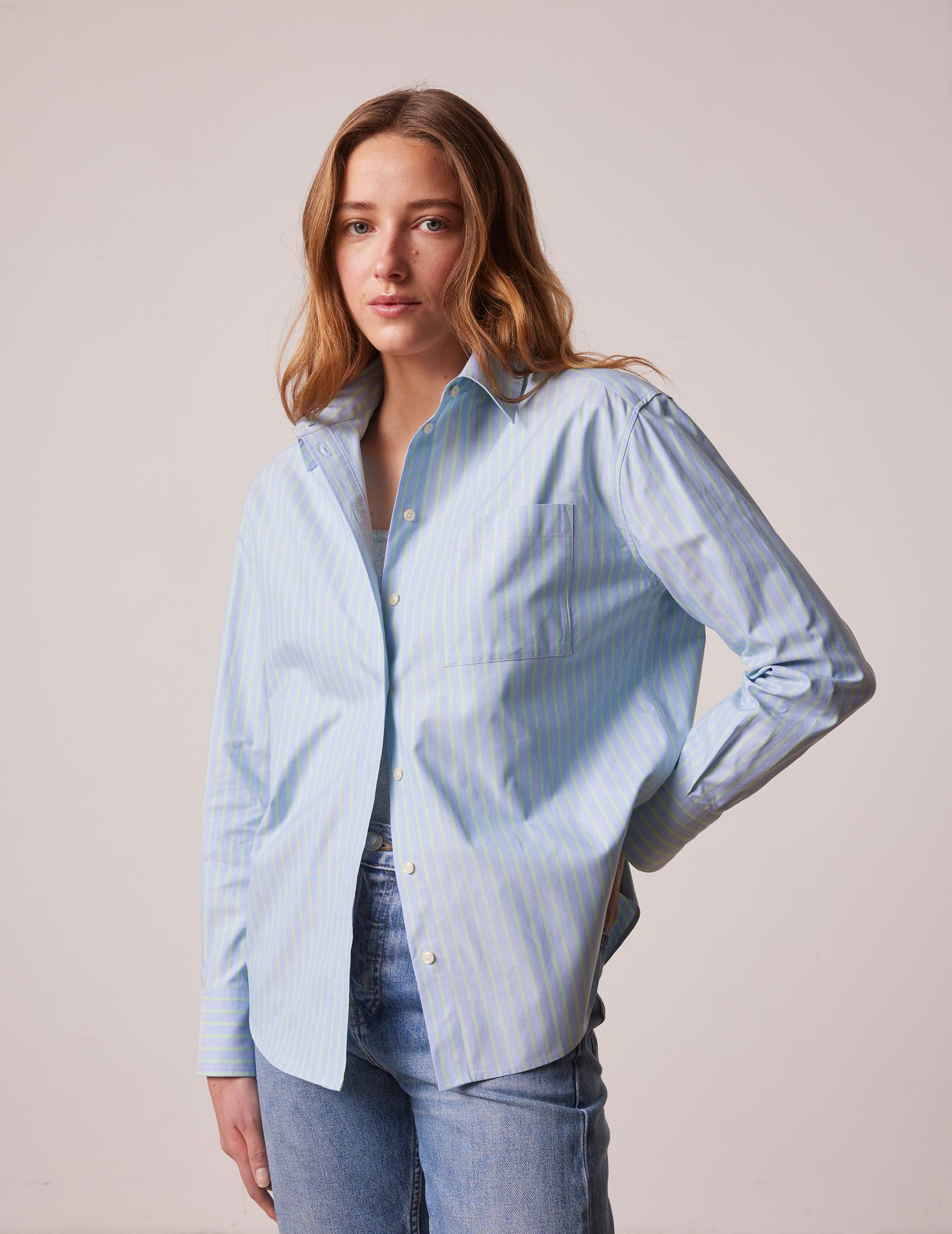 Green striped Charlotte shirt - pin point - Shirt Collar