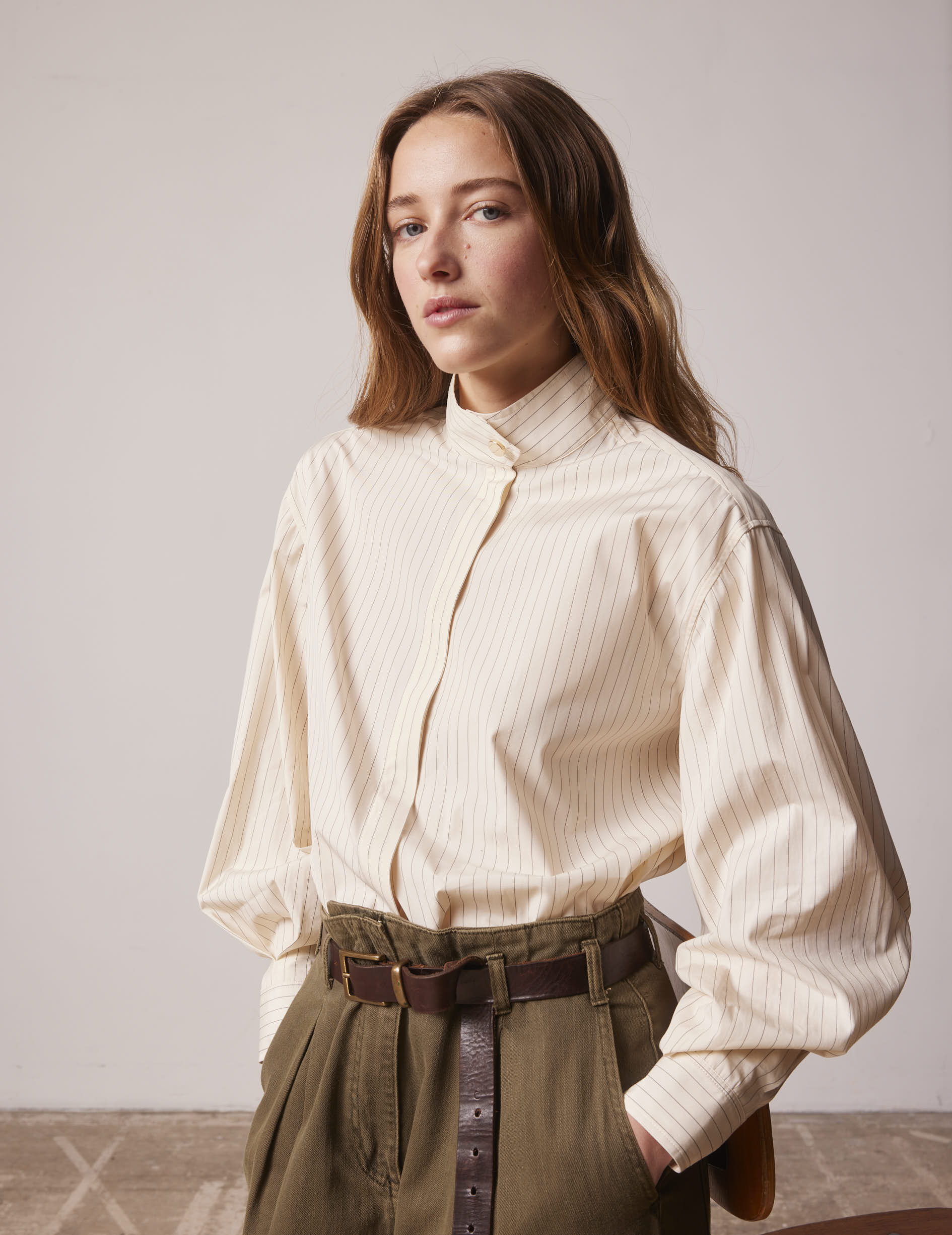 Ecru Hidden buttons placket striped Innaée shirt - Poplin - High stand-up with pointed placket Collar