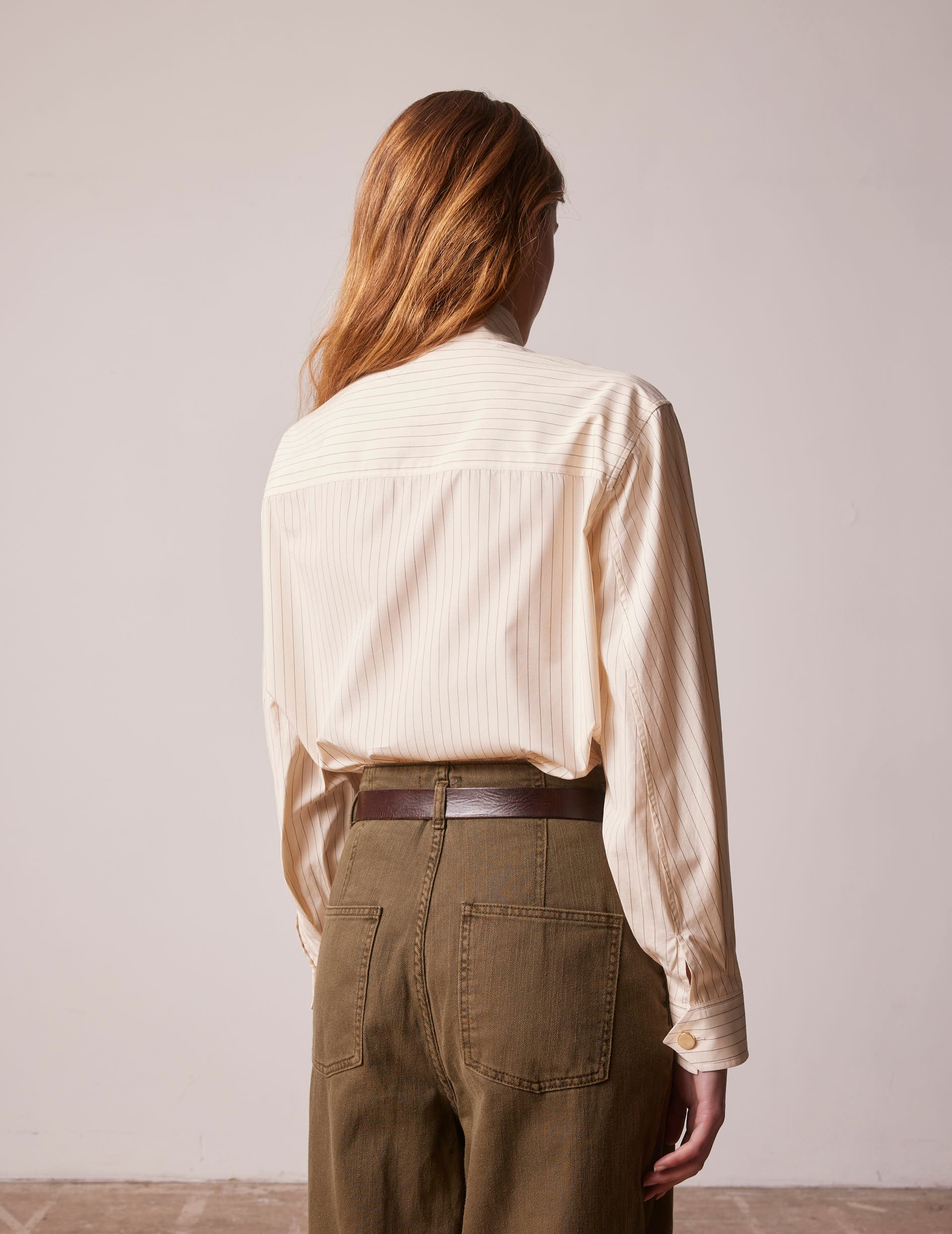 Ecru Hidden buttons placket striped Innaée shirt - Poplin - High stand-up with pointed placket Collar