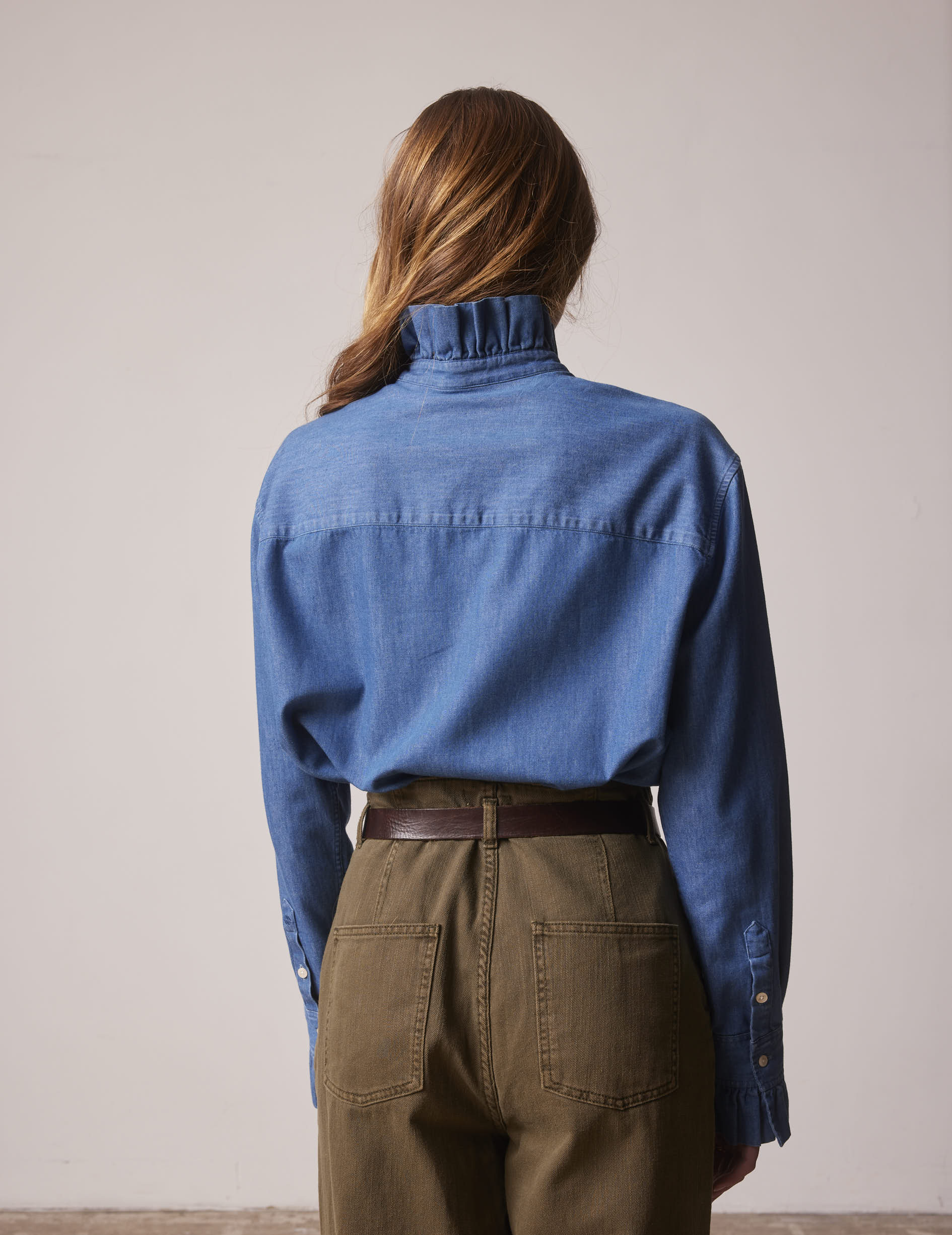 Blue denim Laurine shirt with hidden buttons placket - Denim - Victorian Collar