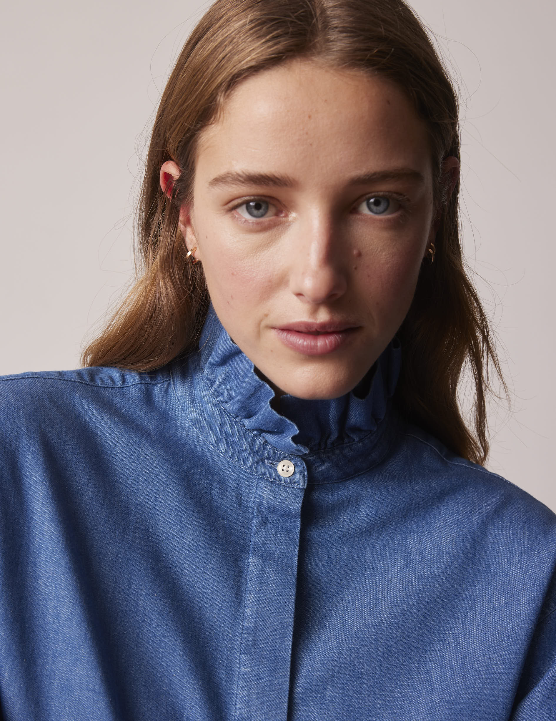 Blue denim Laurine shirt with hidden buttons placket - Denim - Victorian Collar