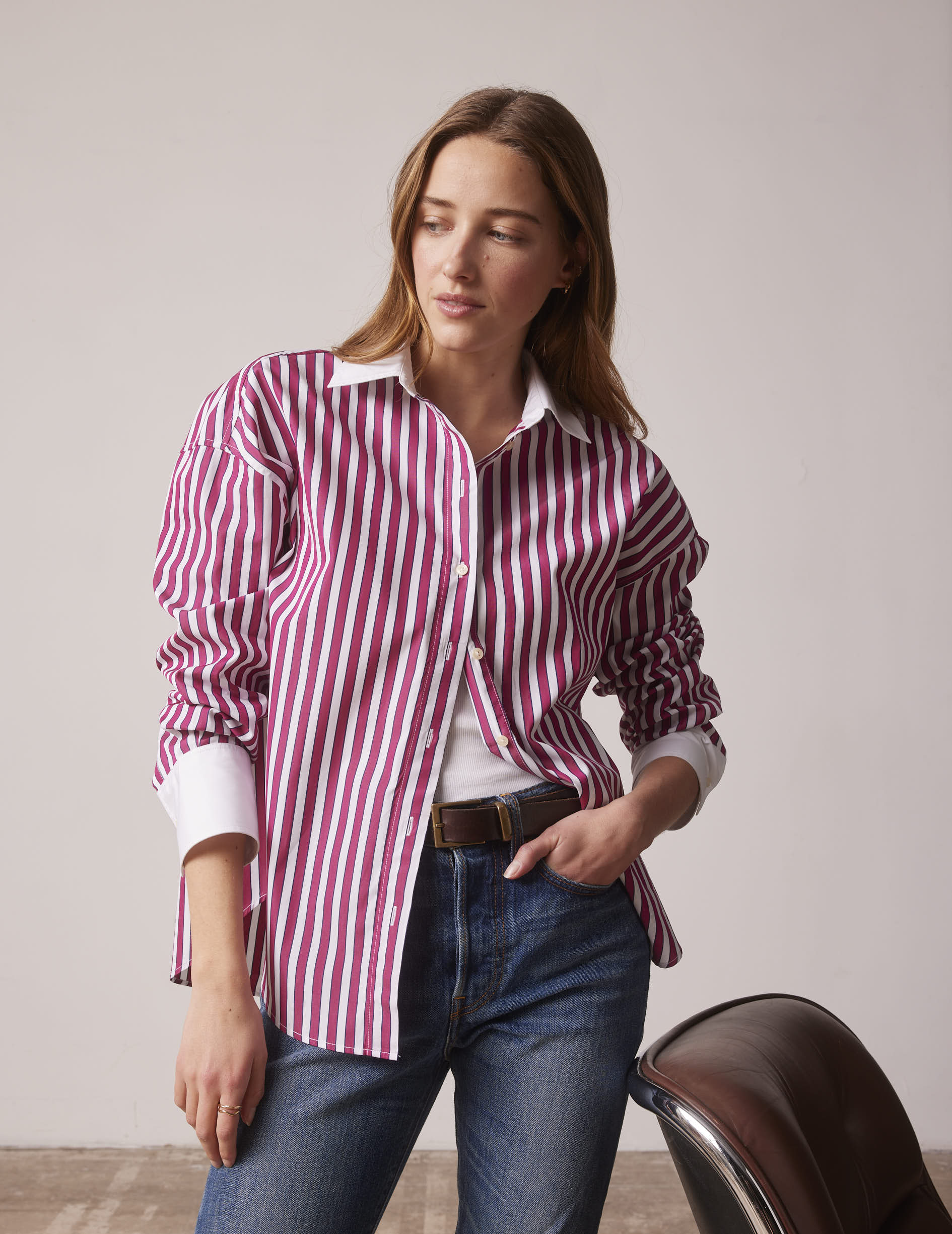 Oversized burgundy striped Lizandra shirt - Poplin - Shirt Collar