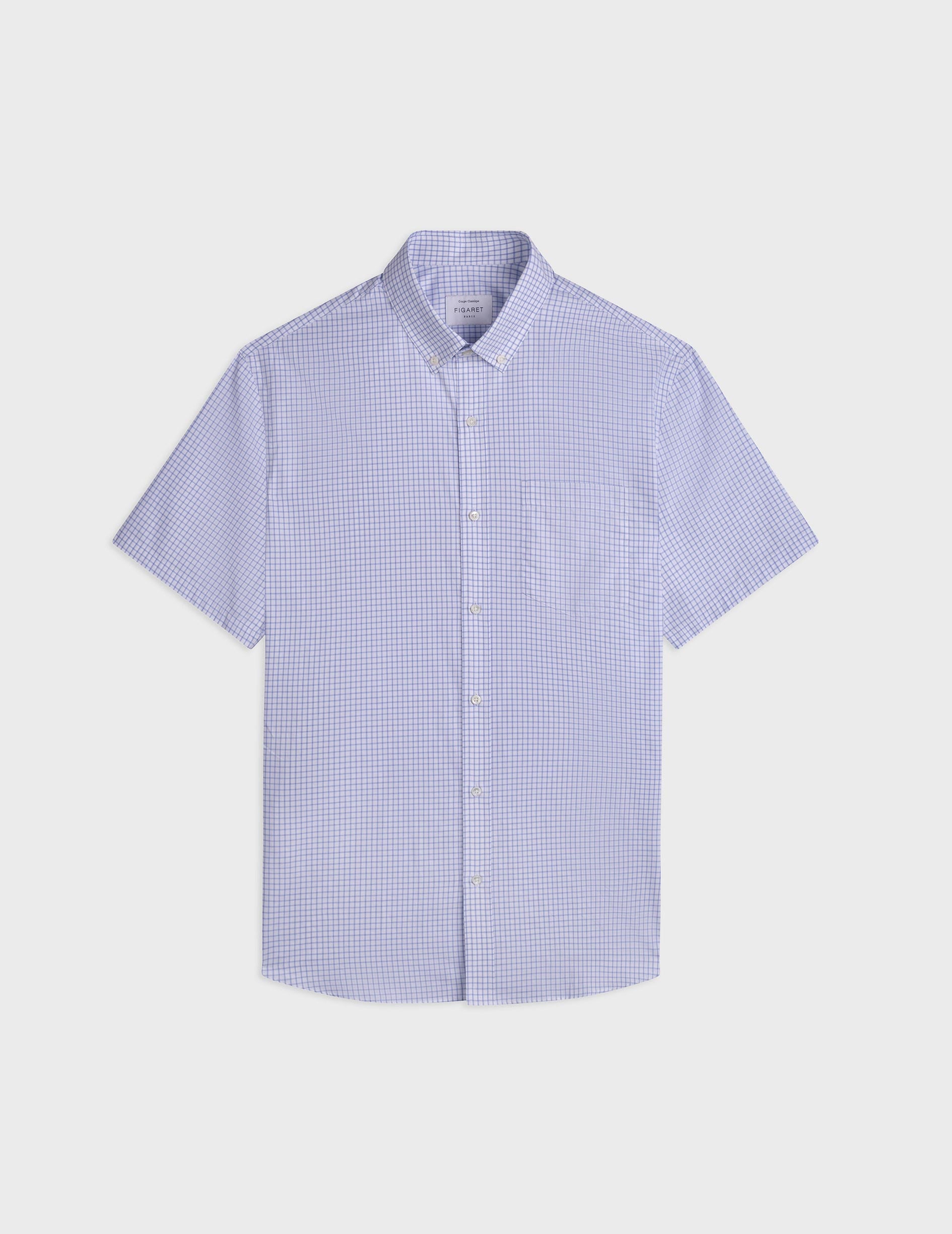 Chemise classique manches courtes à carreaux bleus - Twill - Col Américain