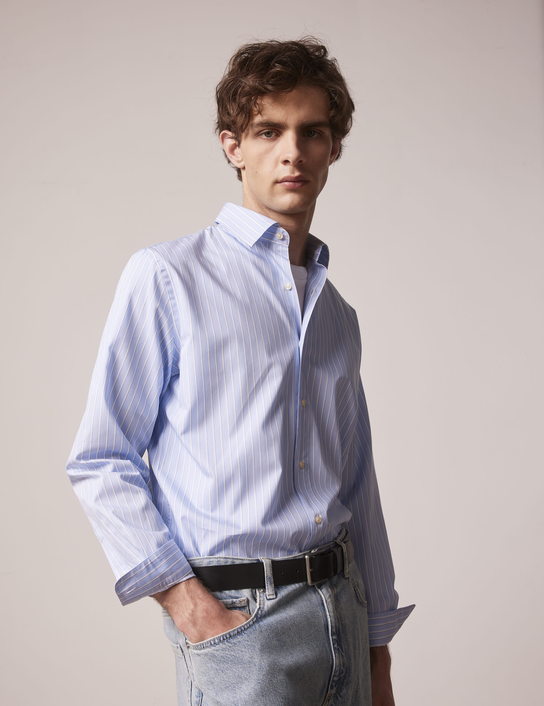 Chemise Auguste rayée bleue - Twill - Col Français