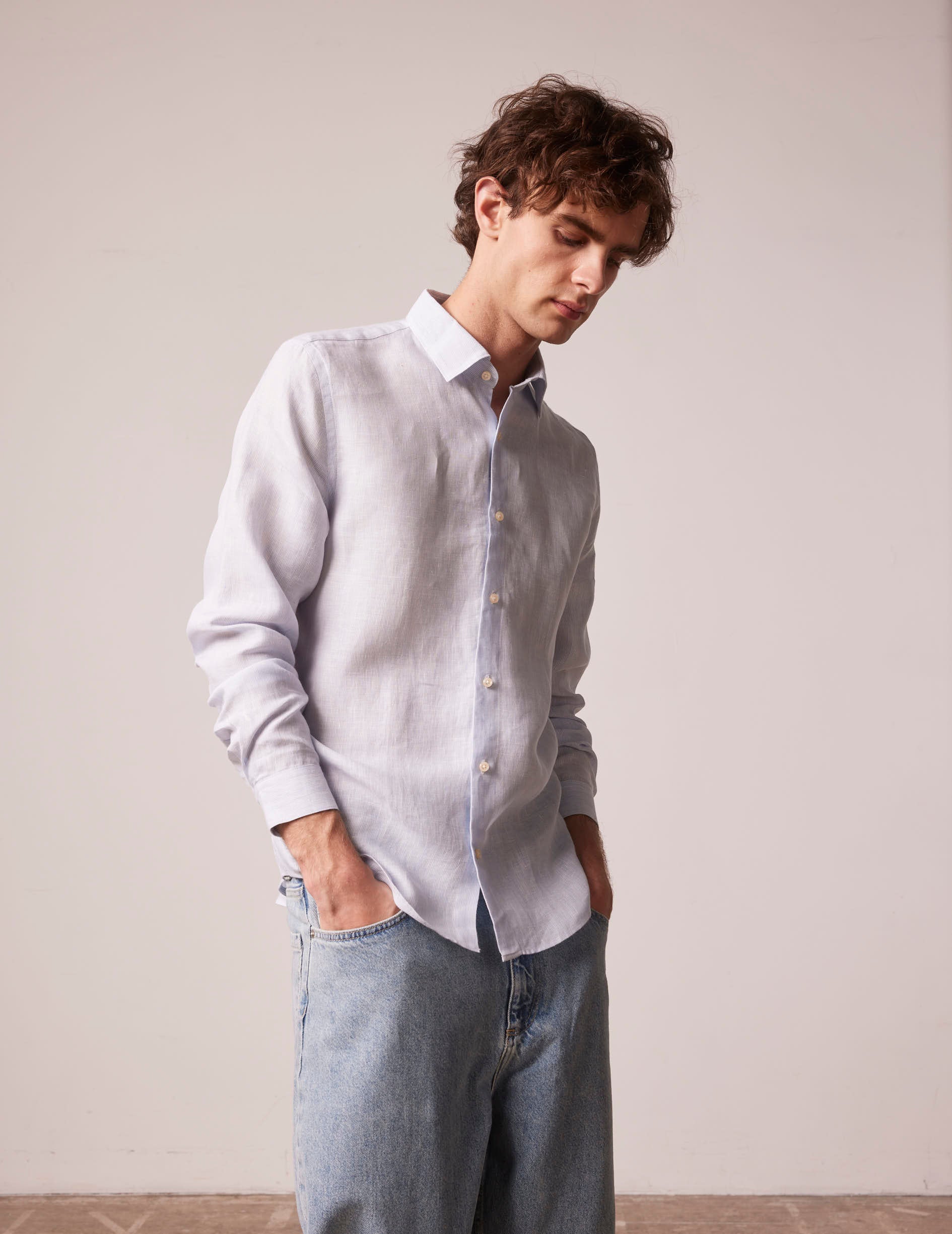 Blue striped linen Auguste shirt - Linen - French Collar