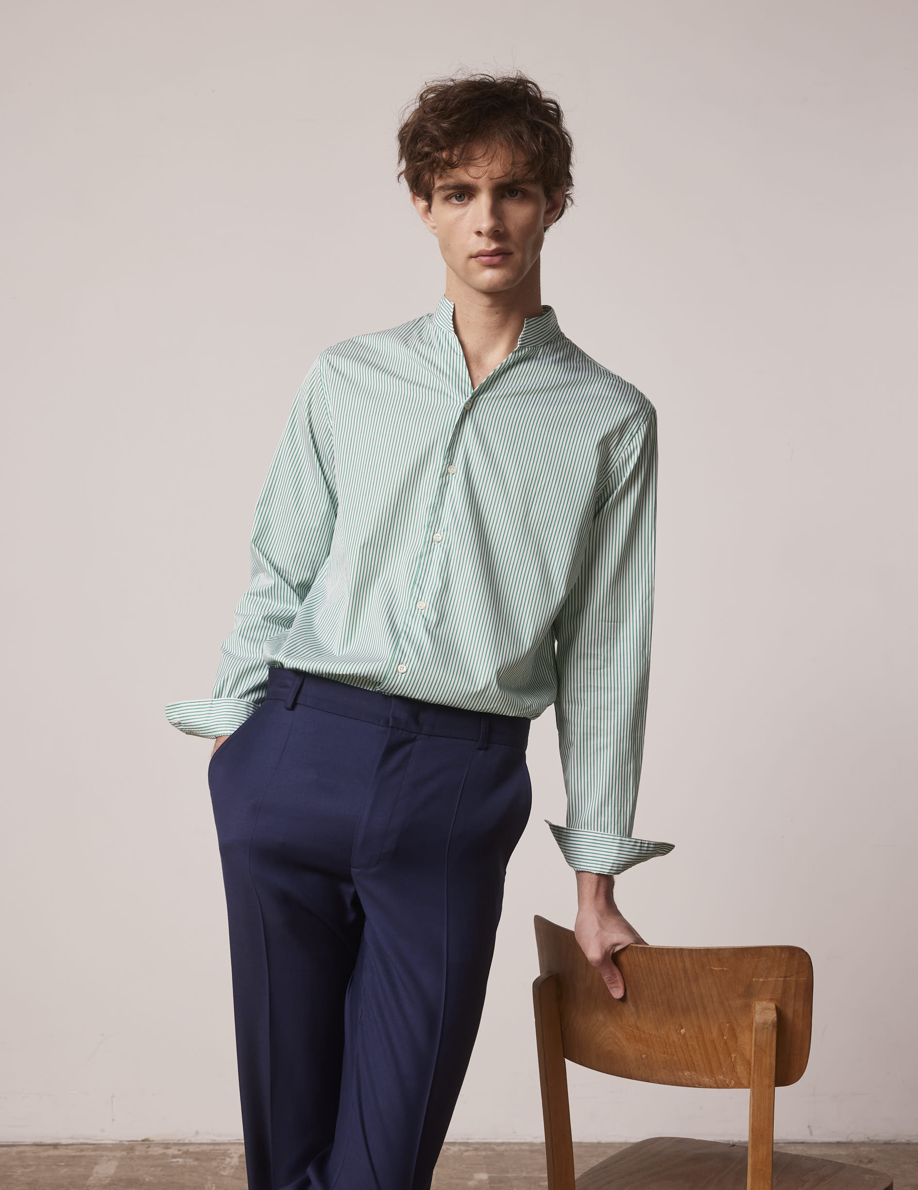 Chemise Carl rayée verte - Twill - Col Droit ouvert