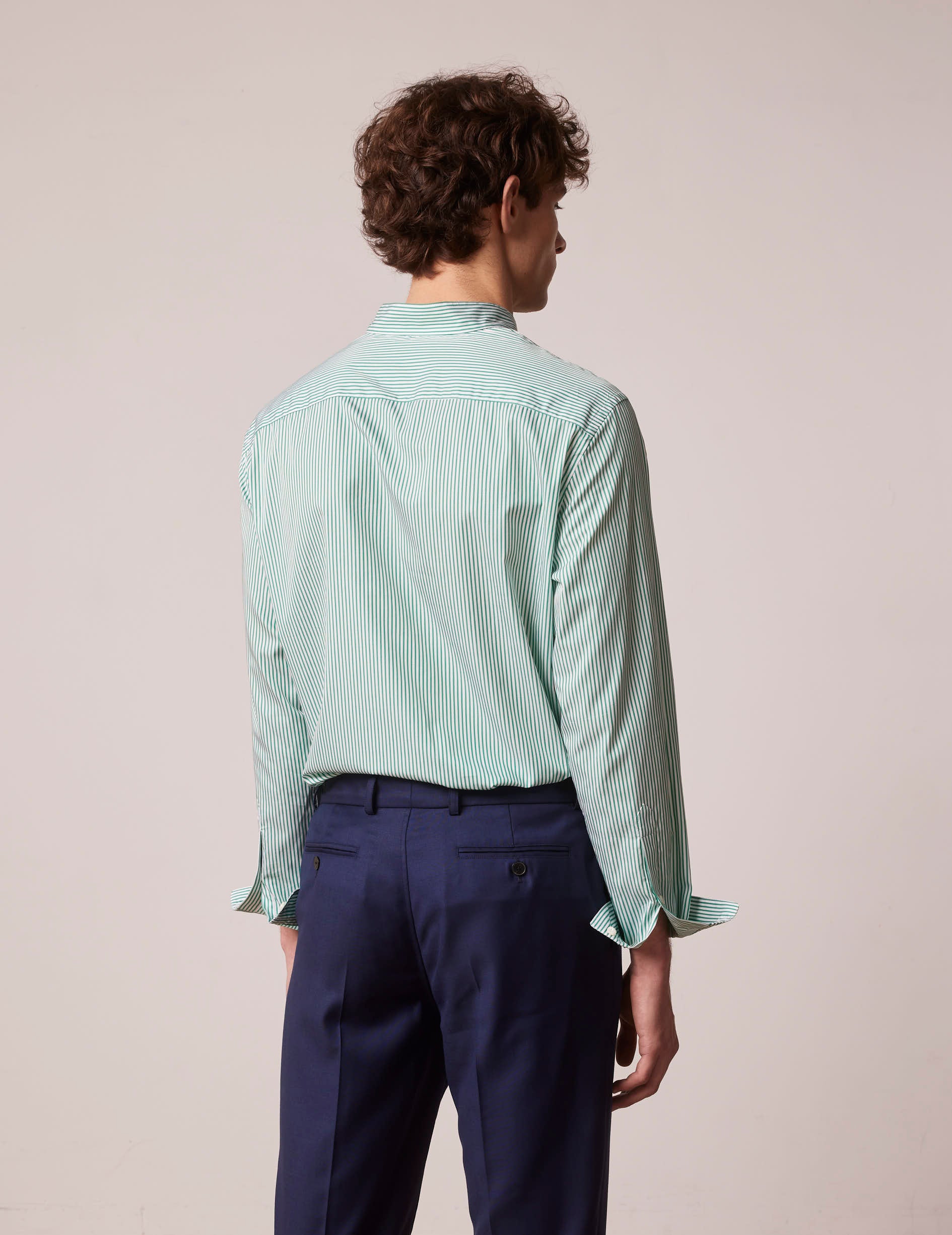 Chemise Carl rayée verte - Twill - Col Droit ouvert