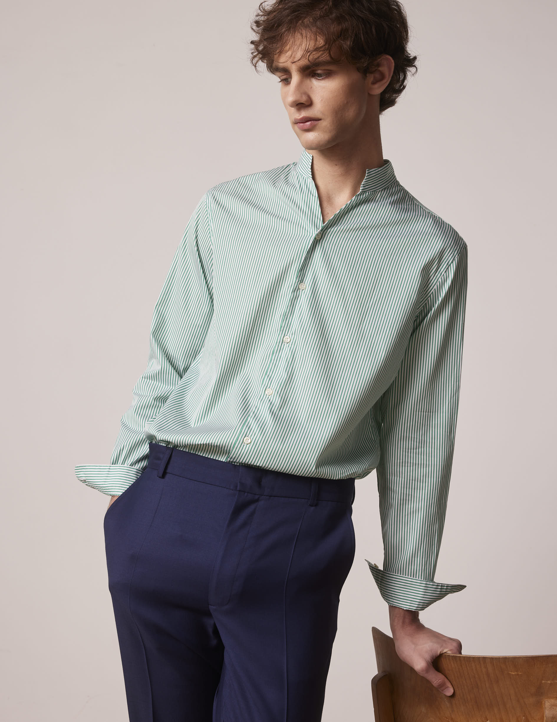 Chemise Carl rayée verte - Twill - Col Droit ouvert