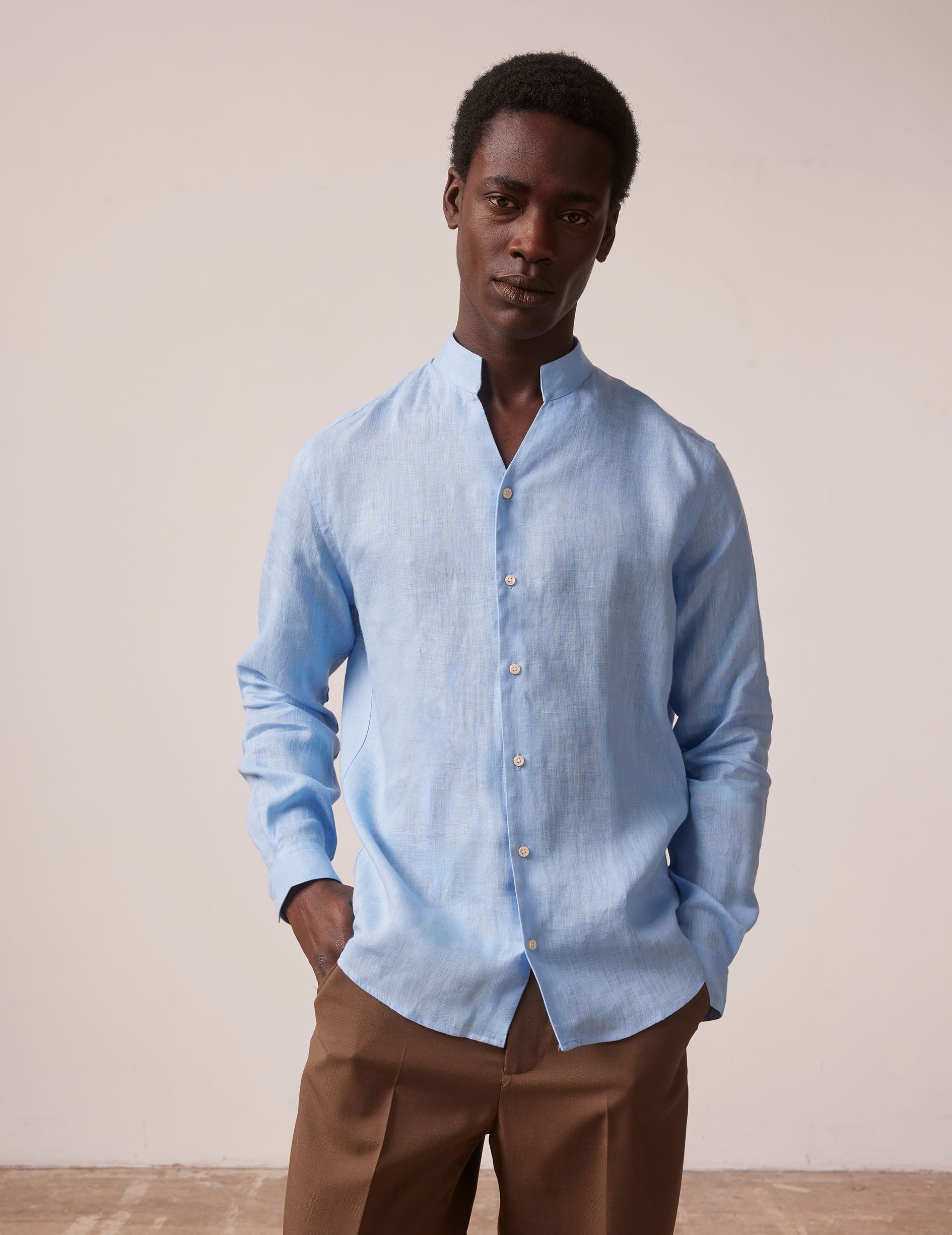 Chemise Carl en lin bleu - Lin - Col Droit ouvert