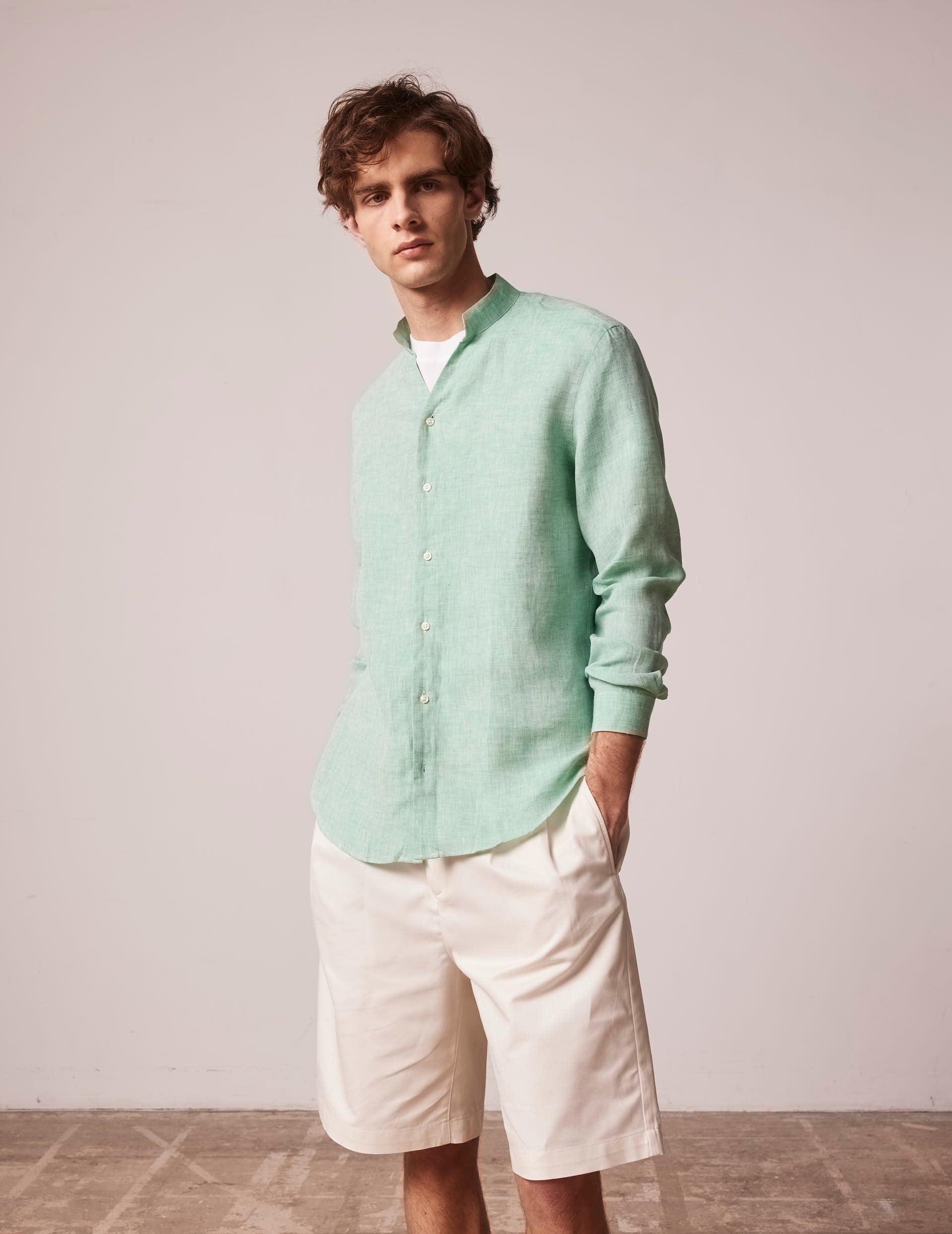 Green linen Carl shirt - Linen - Open straight Collar