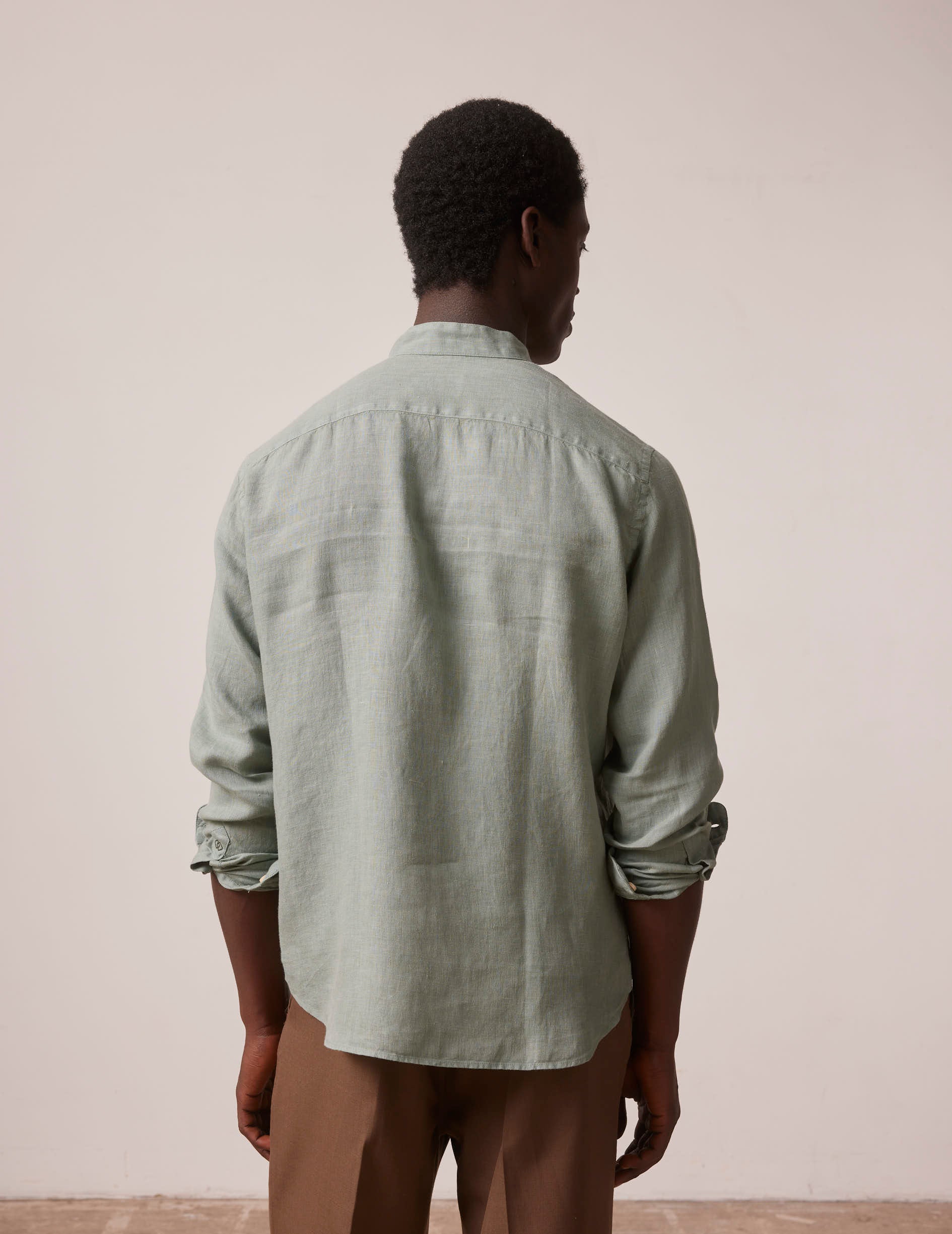 Green linen Carl shirt - Linen - Open straight Collar