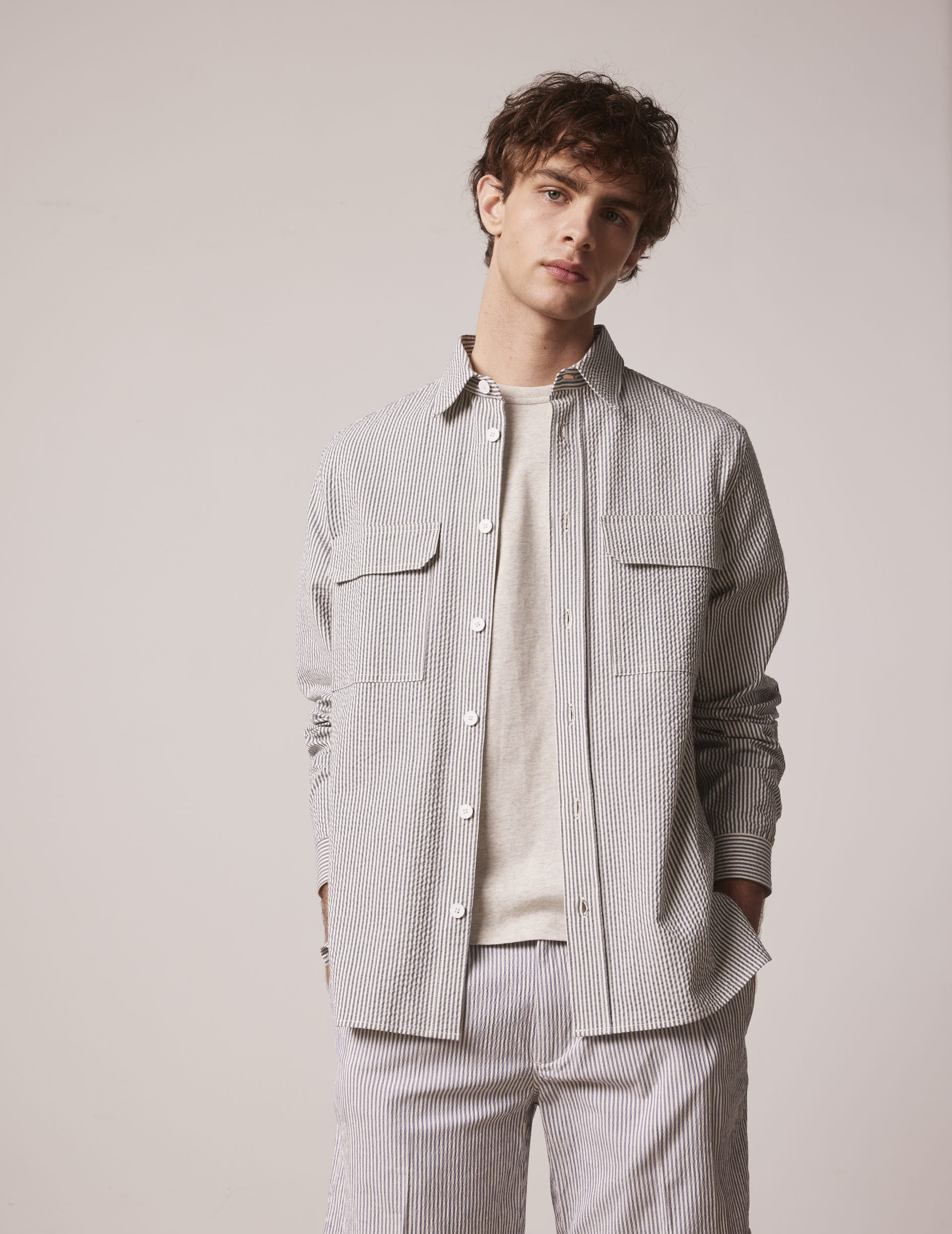 Chemise Florian rayée bleue - Seersucker - Col Français