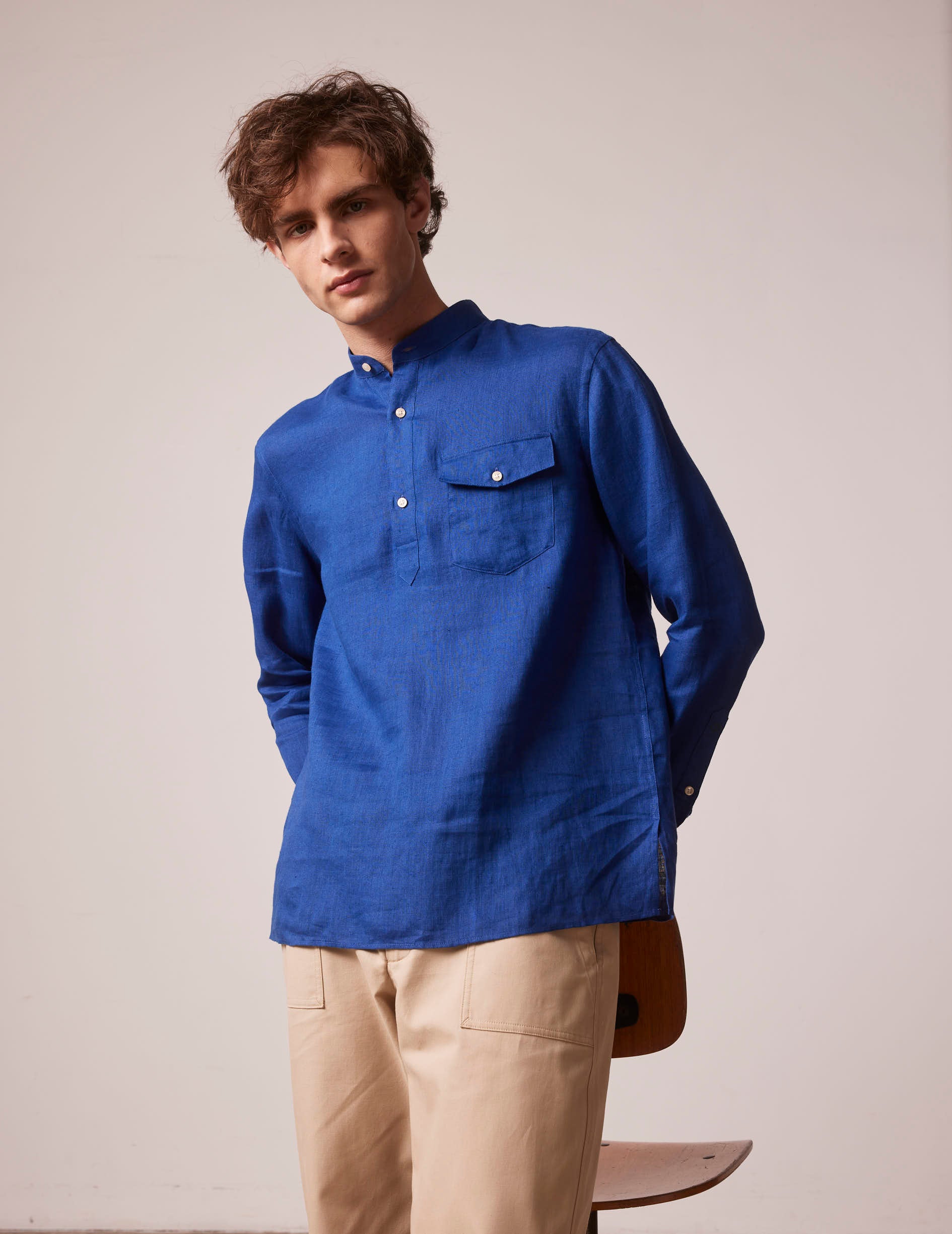 Blue linen Hilario popover shirt - Linen - Officer Collar