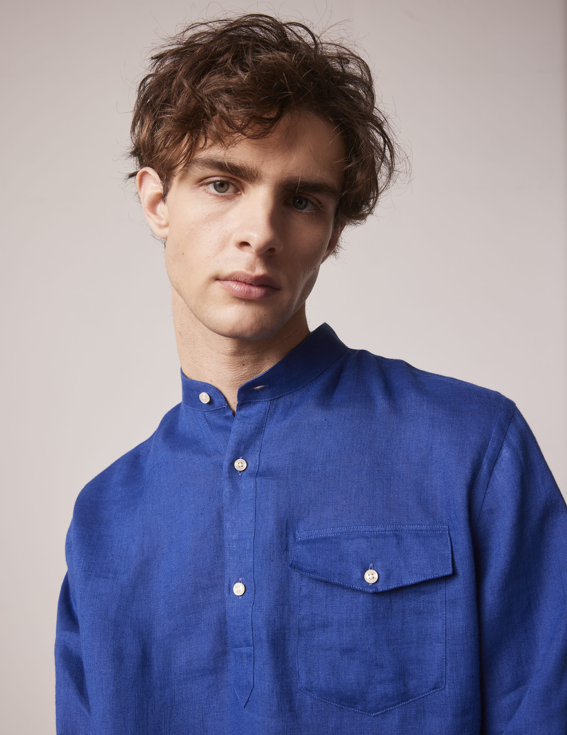 Blue linen Hilario popover shirt - Linen - Officer Collar