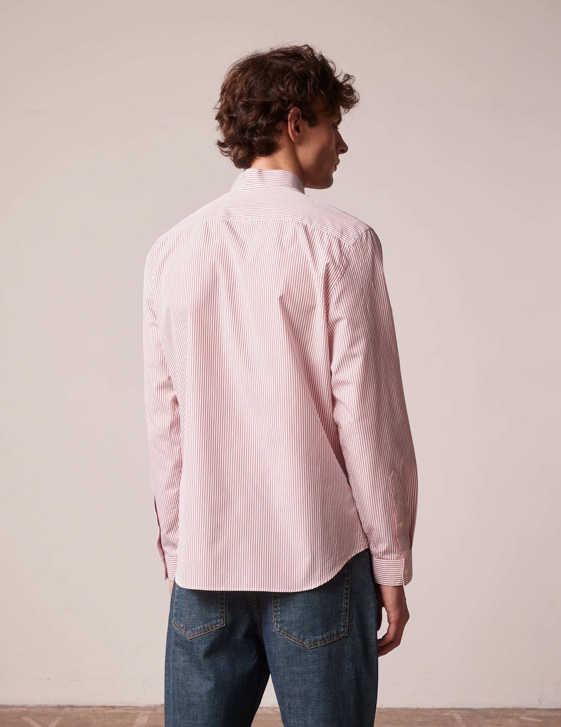 Chemise semi-ajustée rayée rouge - Popeline - Col Inversé