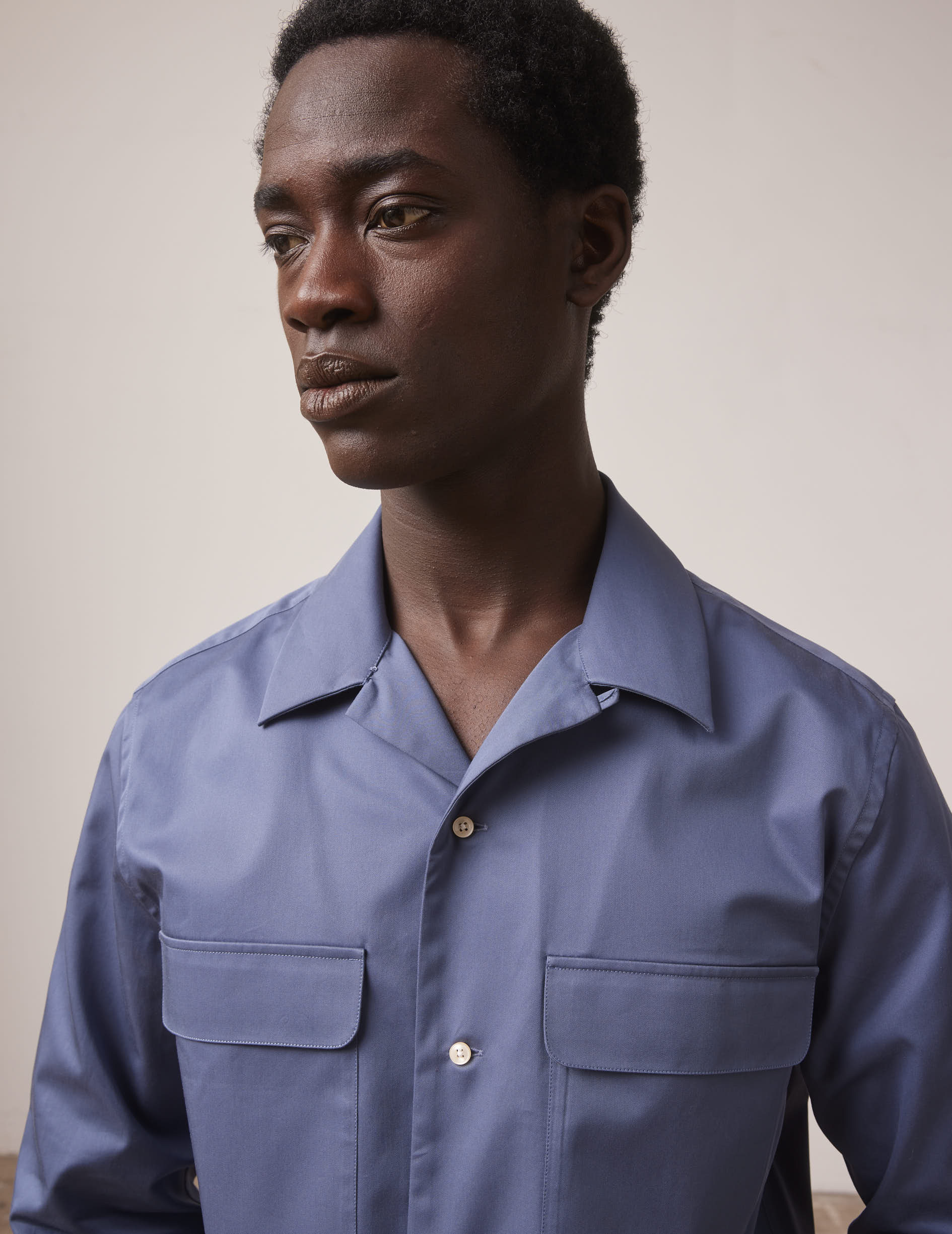 Chemise Ivano bleue - Twill - Col Cubain avec bride