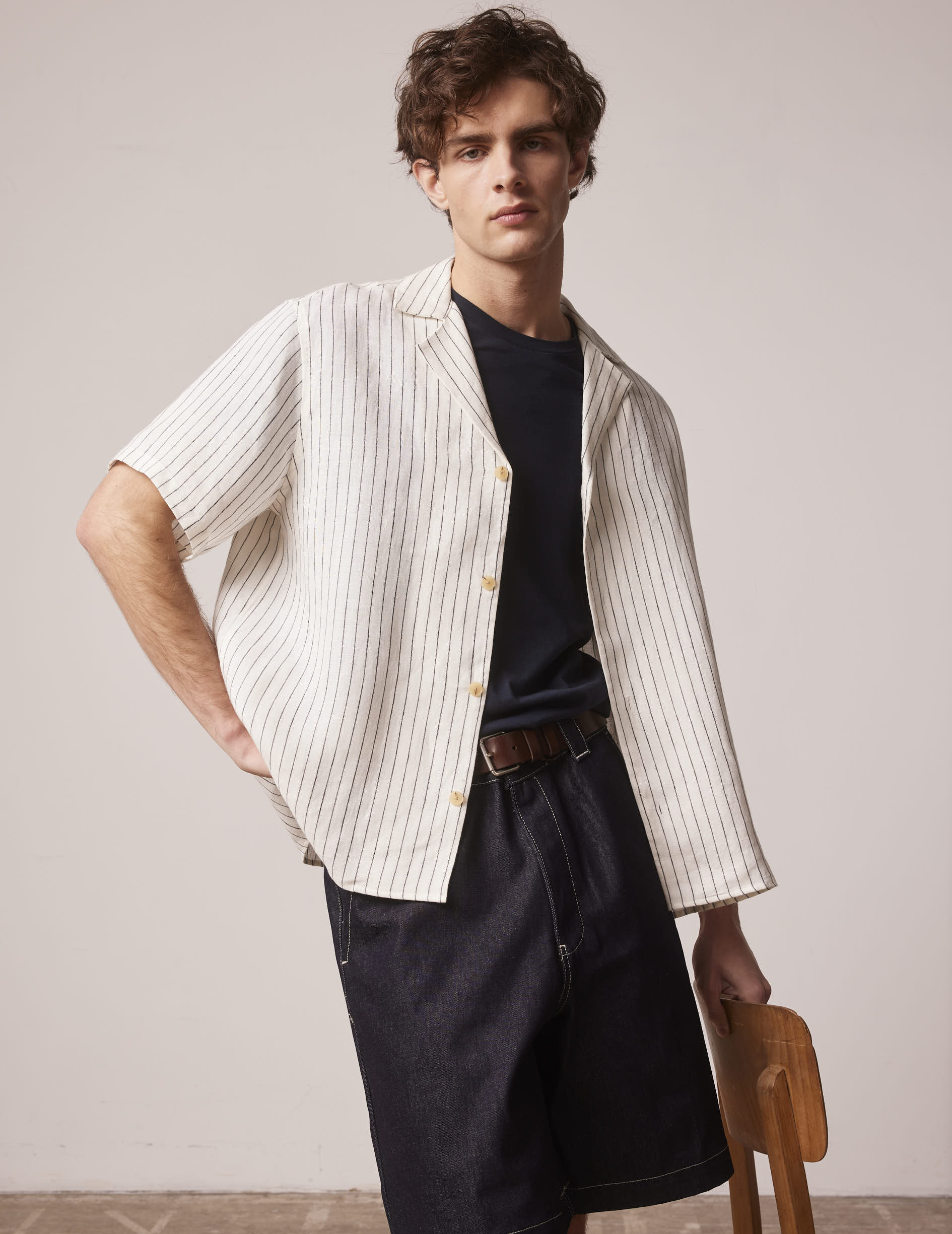 Short sleeve black striped linen Leandre shirt - Linen - Pyjamas Collar