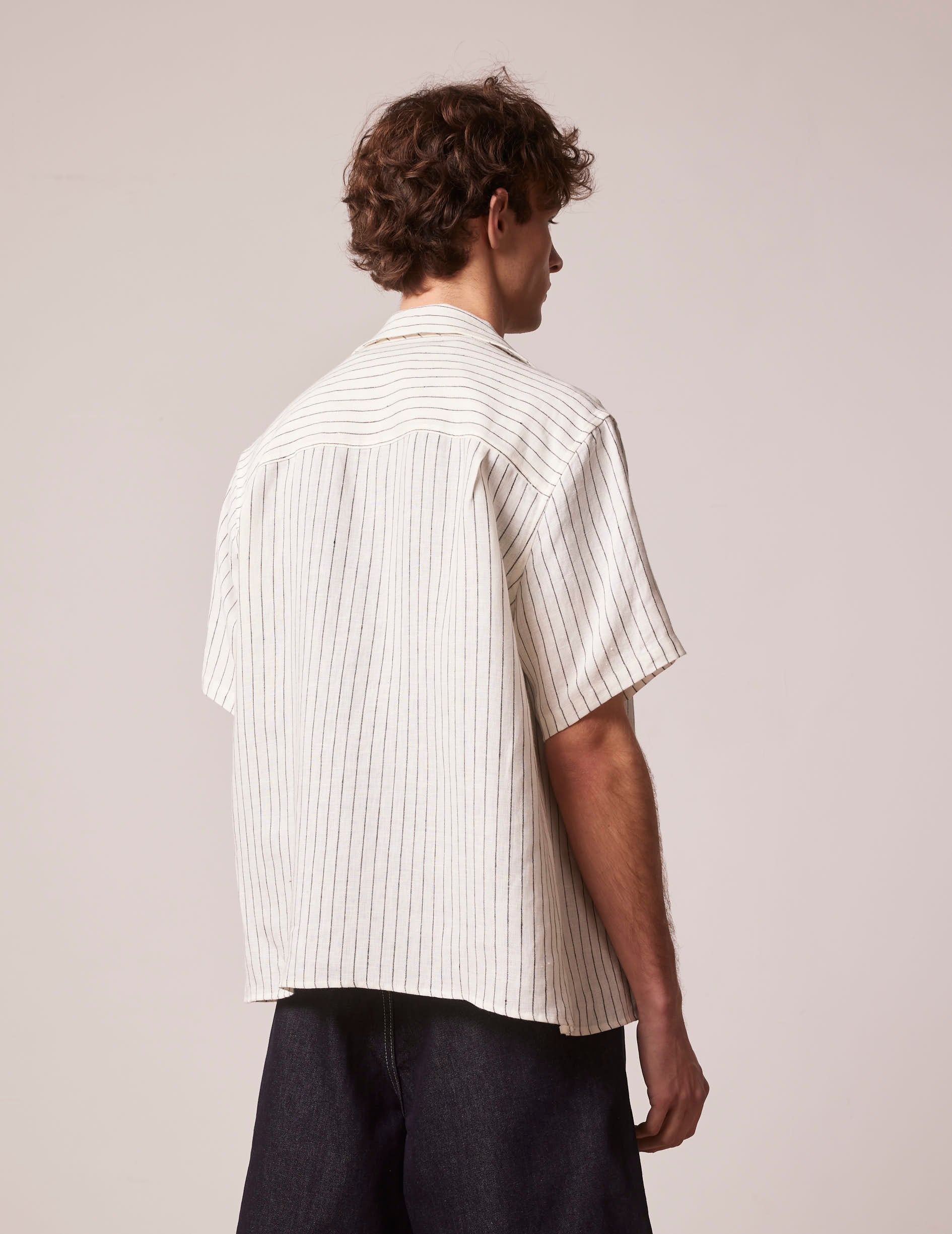 Short sleeve black striped linen Leandre shirt - Linen - Pyjamas Collar
